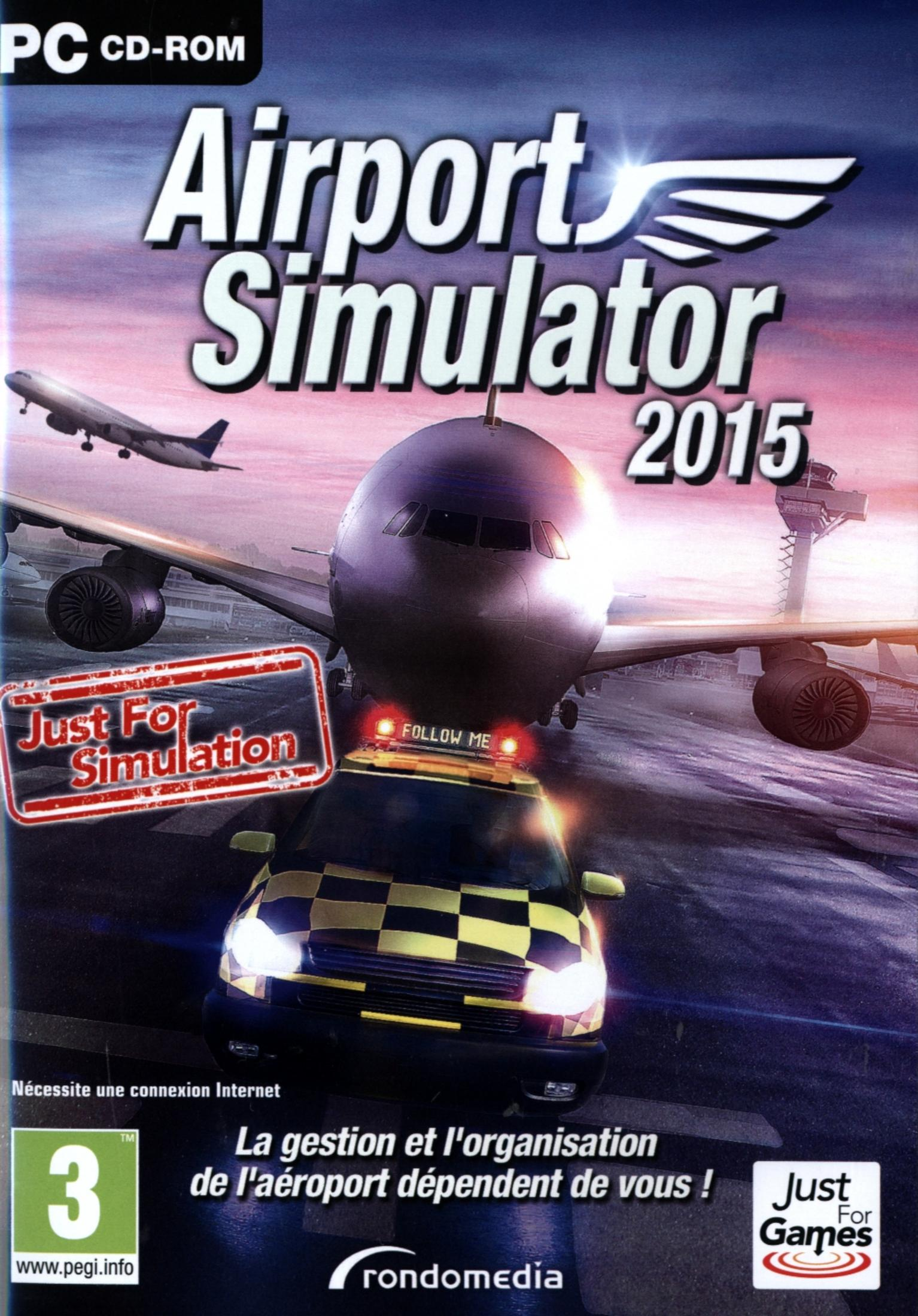 Copertina gioco PC Airport Simulator 2015 con aereo, torre e auto 'follow me'.