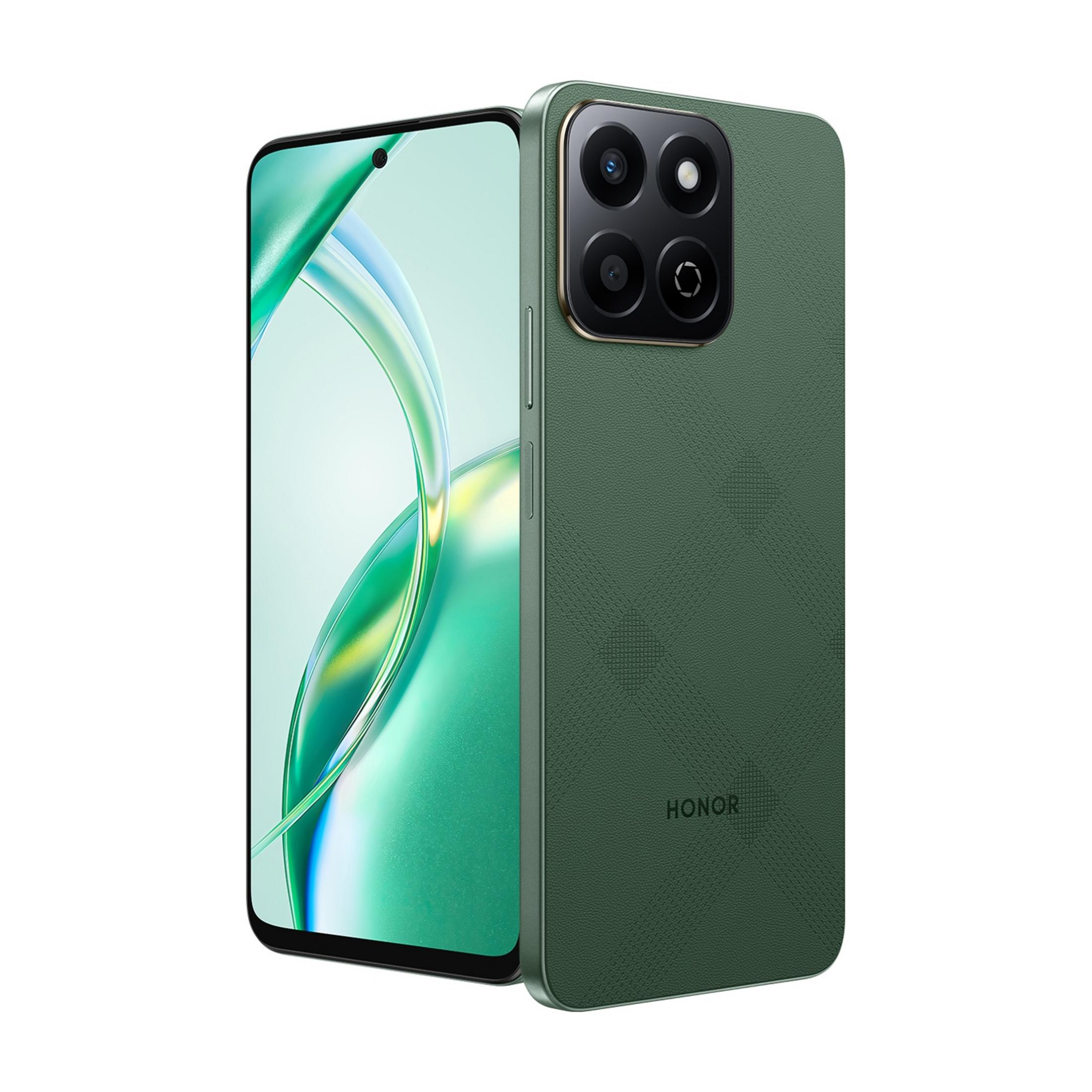 Uno smartphone Honor verde con quattro fotocamere e retro testurizzato.