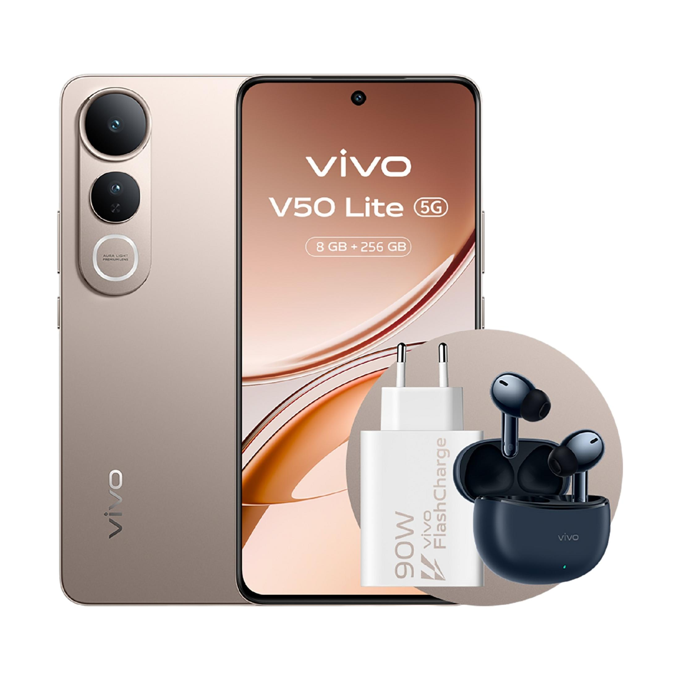 Złoty smartfon Vivo V50 Lite 5G z ładowarką i słuchawkami. 8GB+256GB.