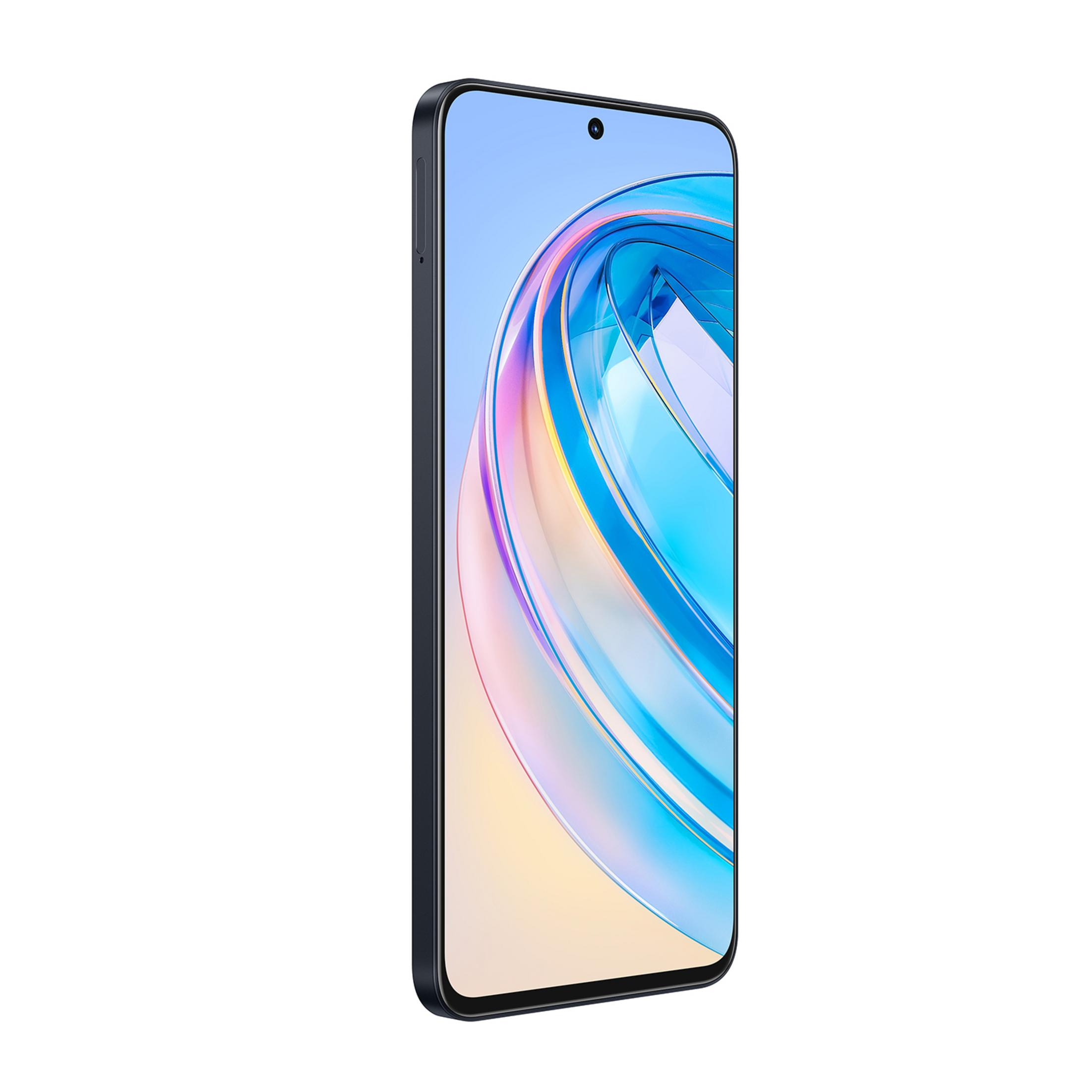 Ein dunkles Smartphone mit einem bunten Hintergrund und einer Kameralinse.