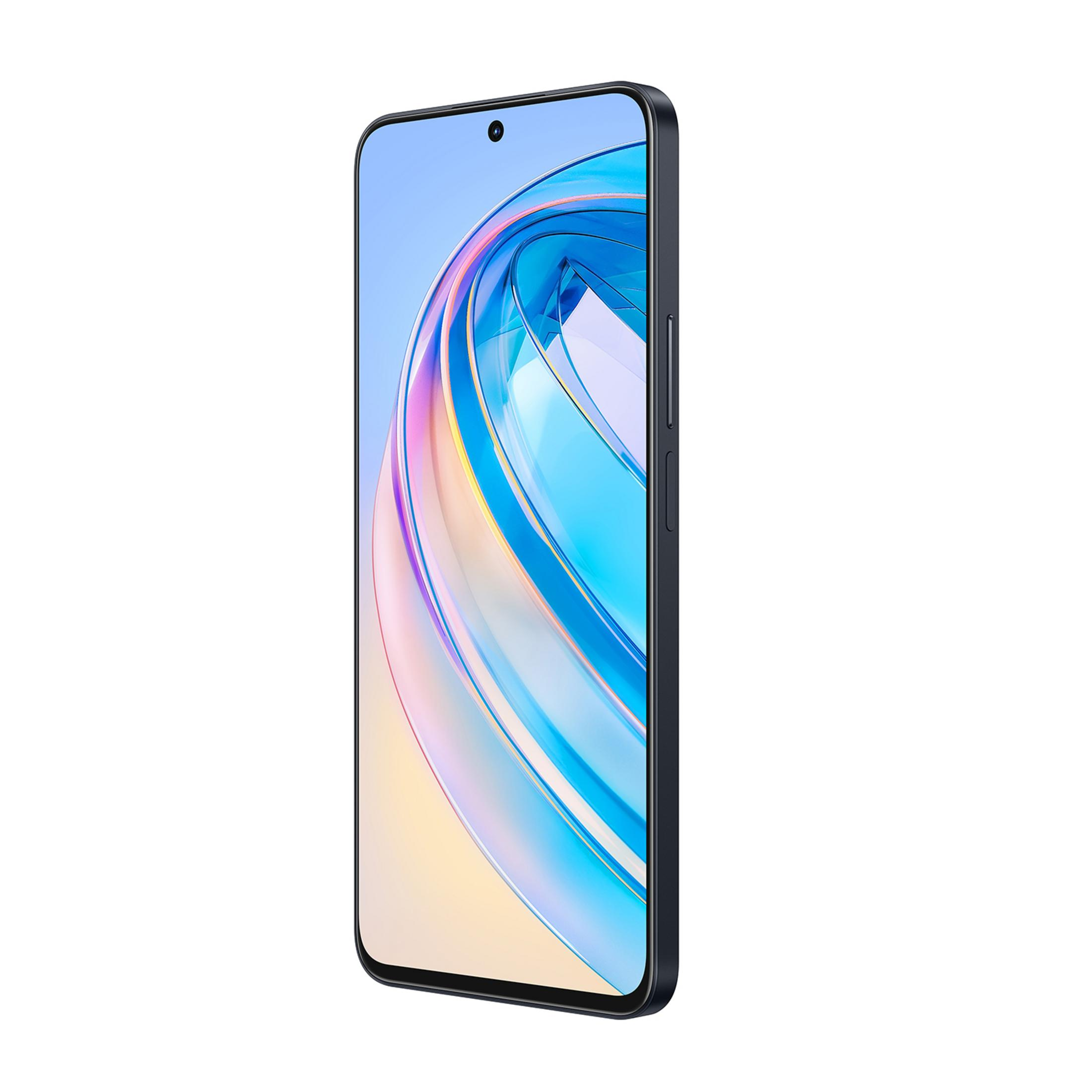 Ein dunkles Smartphone mit einem bunten abstrakten Hintergrund auf dem Bildschirm.