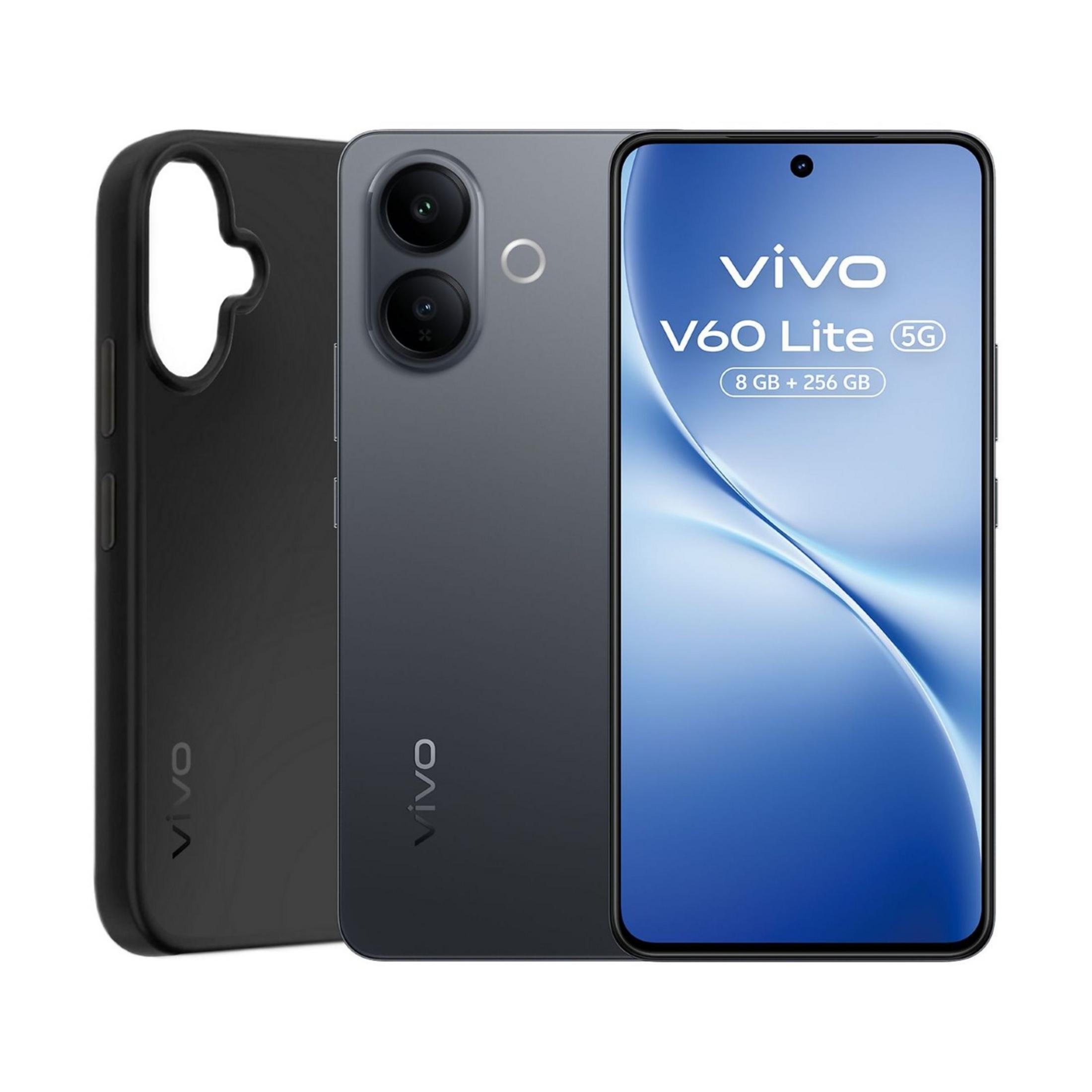 Smartphone Vivo V60 Lite 5G gris junto a funda negra.