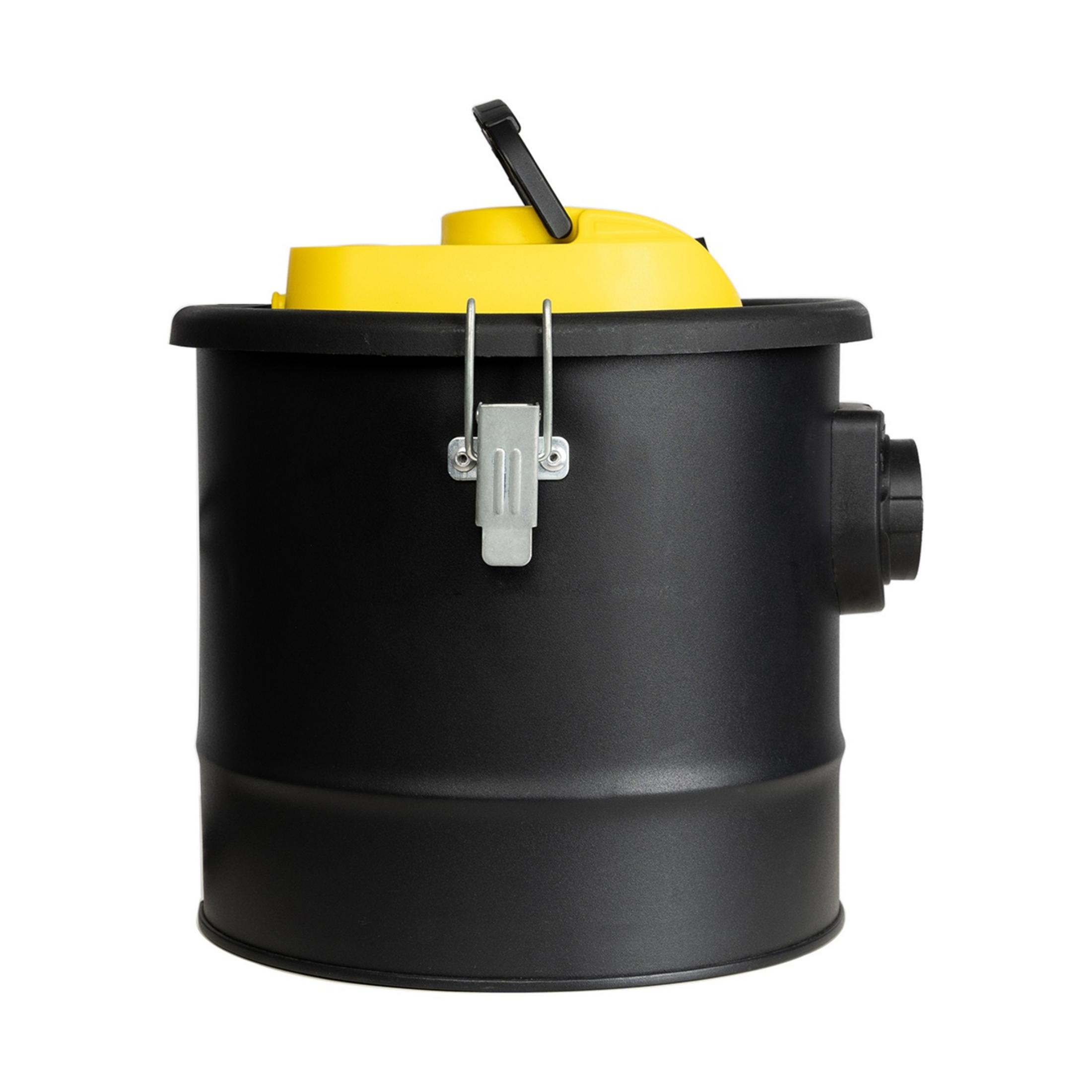 Cubo de basura negro con tapa amarilla y asa.