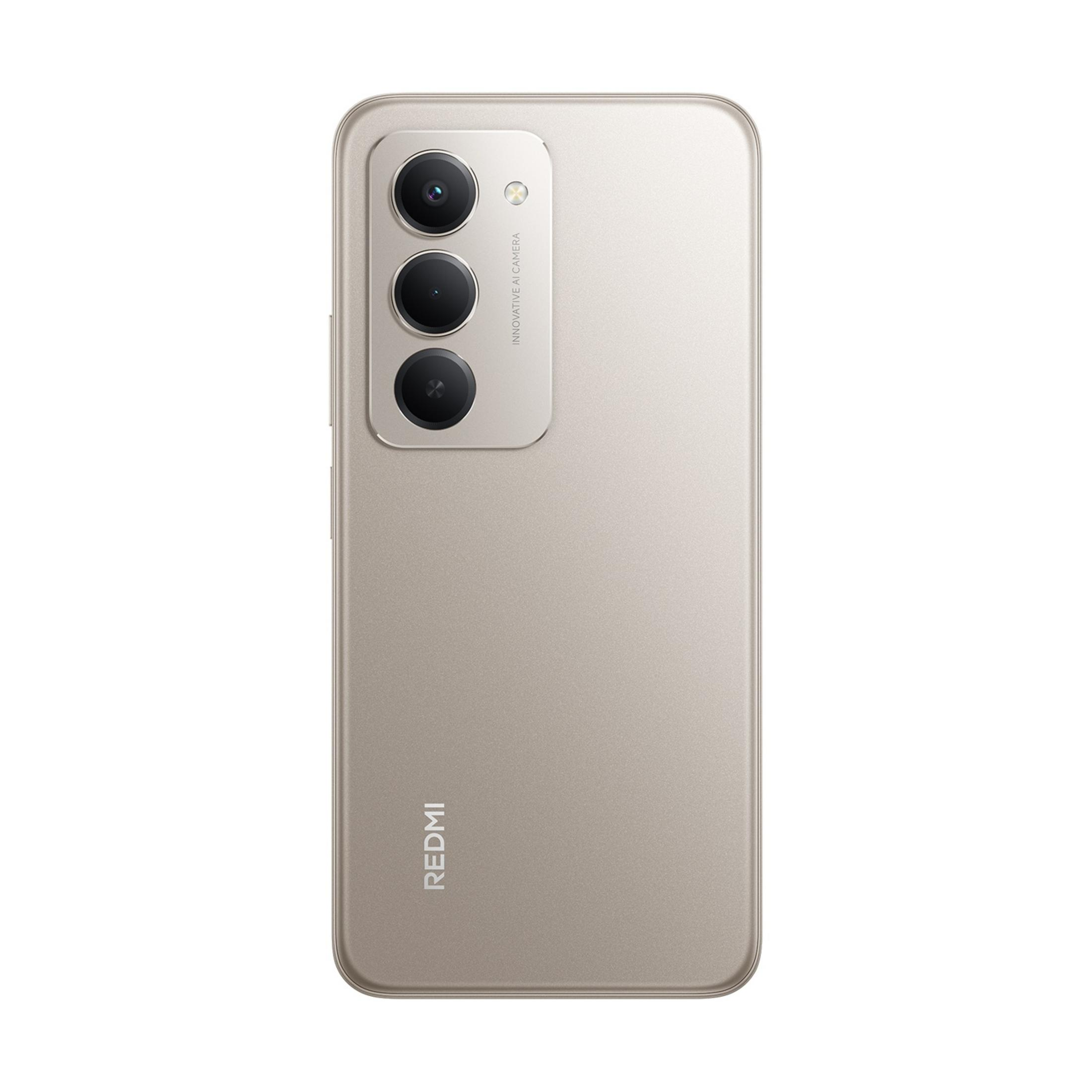 Rückseite eines silbernen Smartphones mit drei Kameras und dem Redmi-Logo.