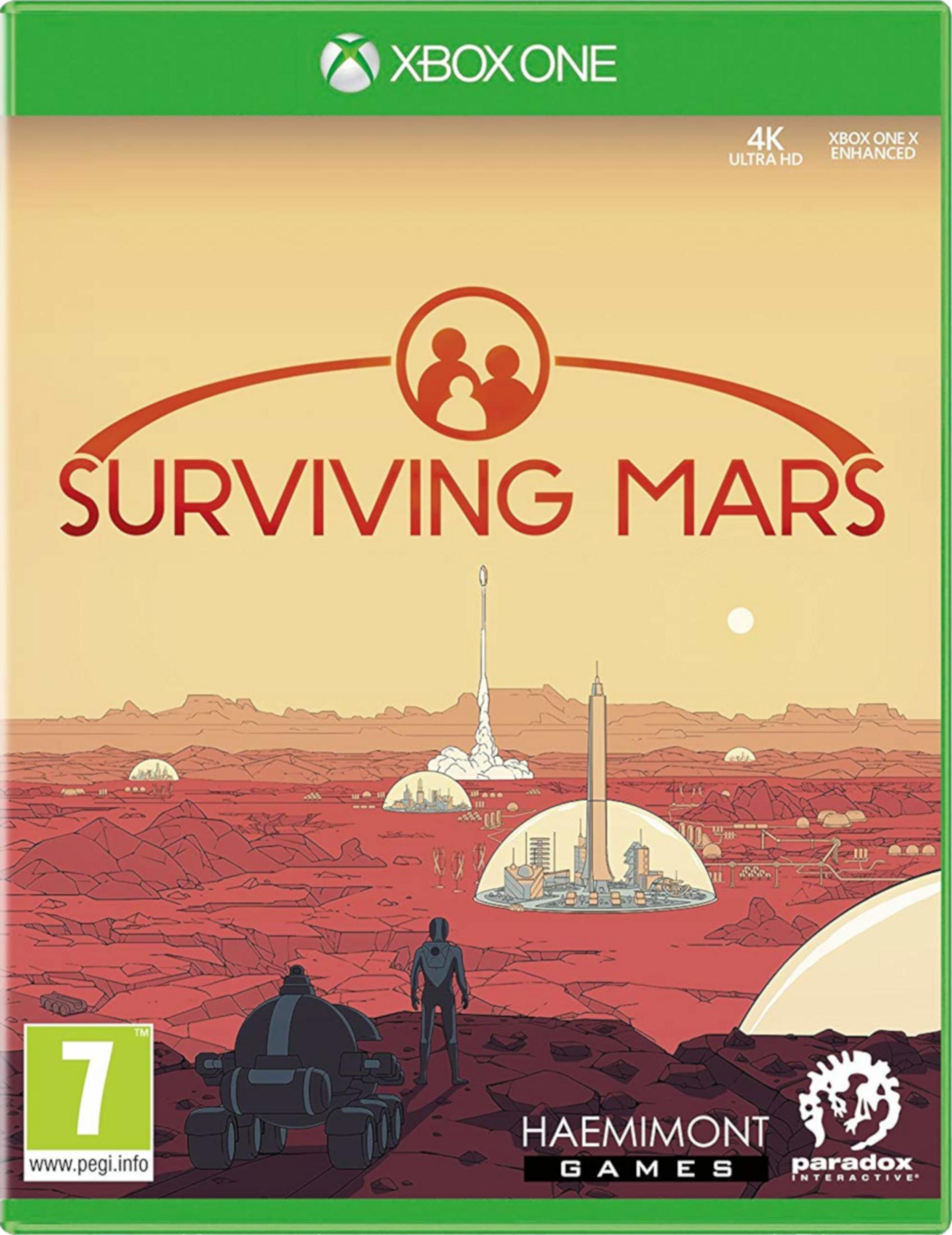 Copertina di Surviving Mars per Xbox One raffigurante paesaggio marziano, razzo, insediamento e rover.