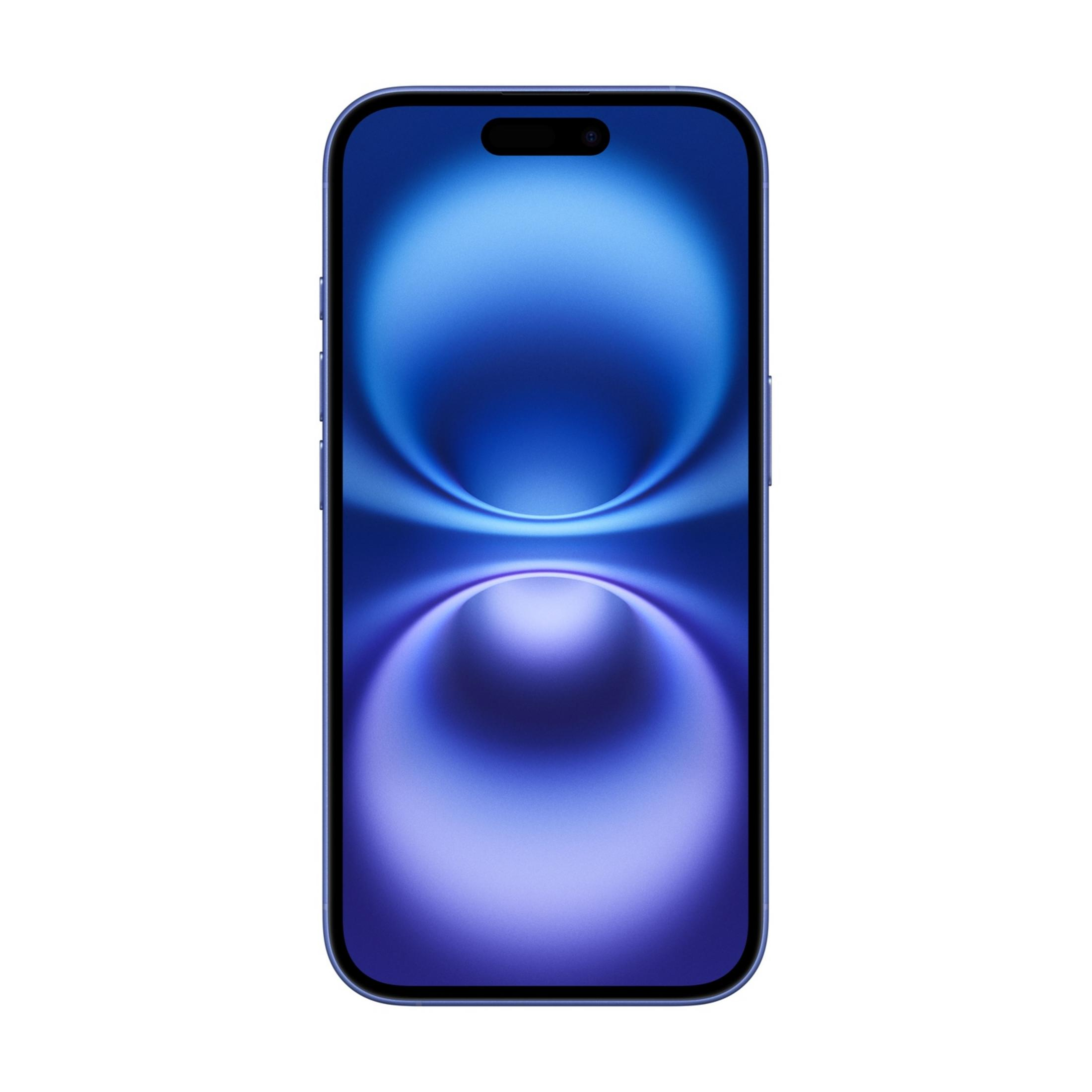 Niebieski smartfon z abstrakcyjną niebieską tapetą na ekranie.