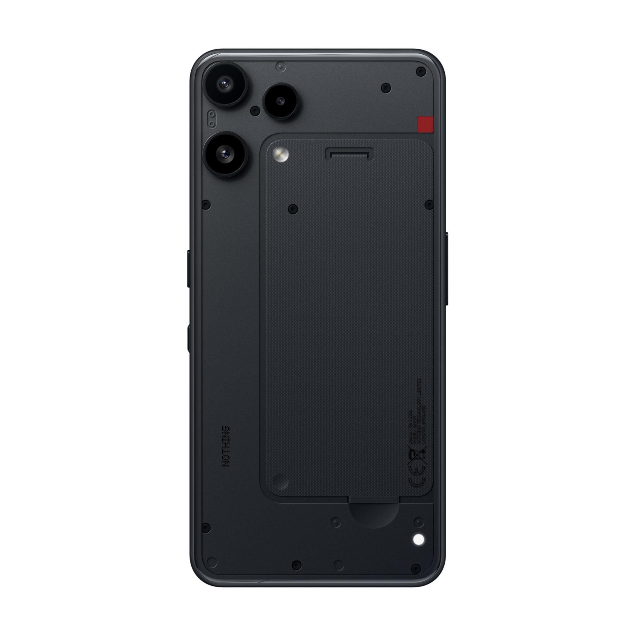 Parte trasera de un smartphone negro con doble cámara y panel texturizado.