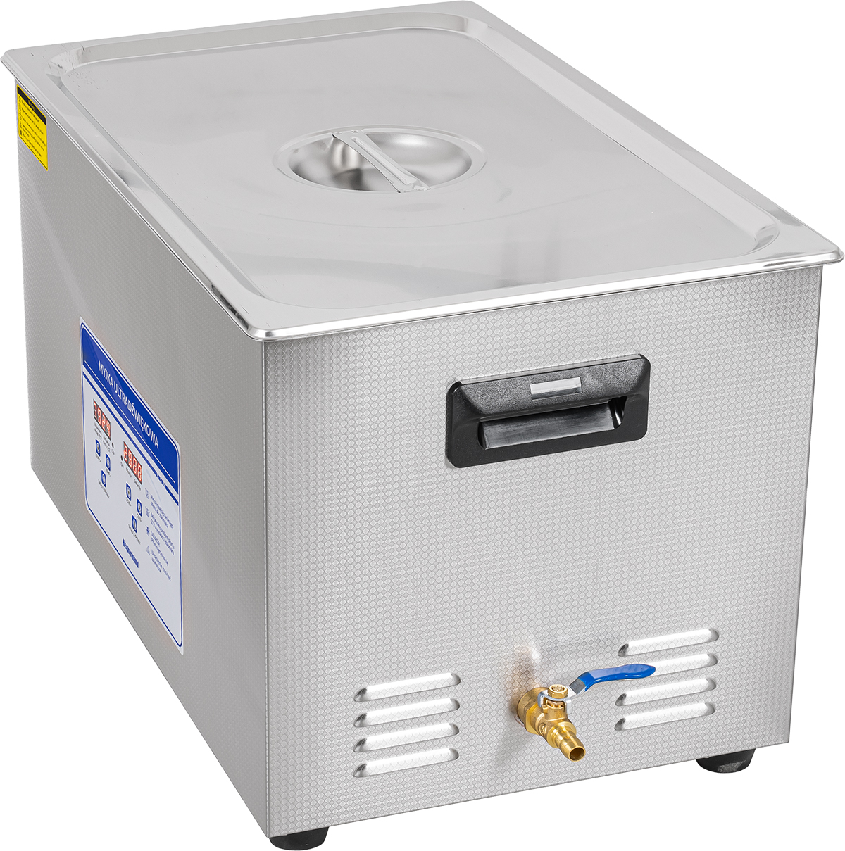 Stalowy czyścik ultradźwiękowy z uchwytem, zaworem spustowym i wyświetlaczem.