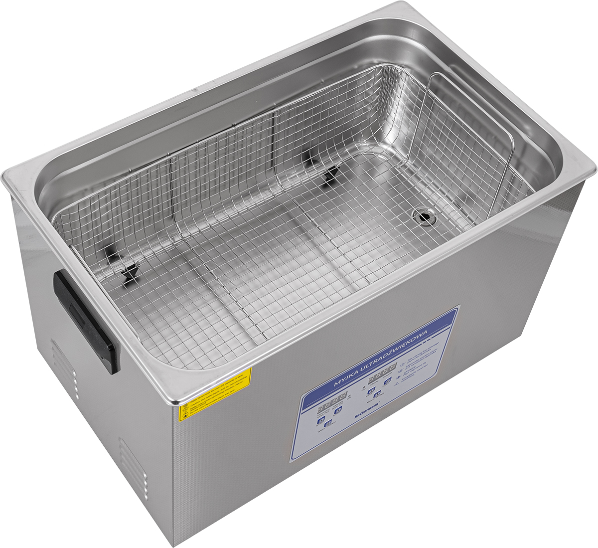Srebrna myjka ultradźwiękowa z metalowym koszem i cyfrowym panelem sterowania.