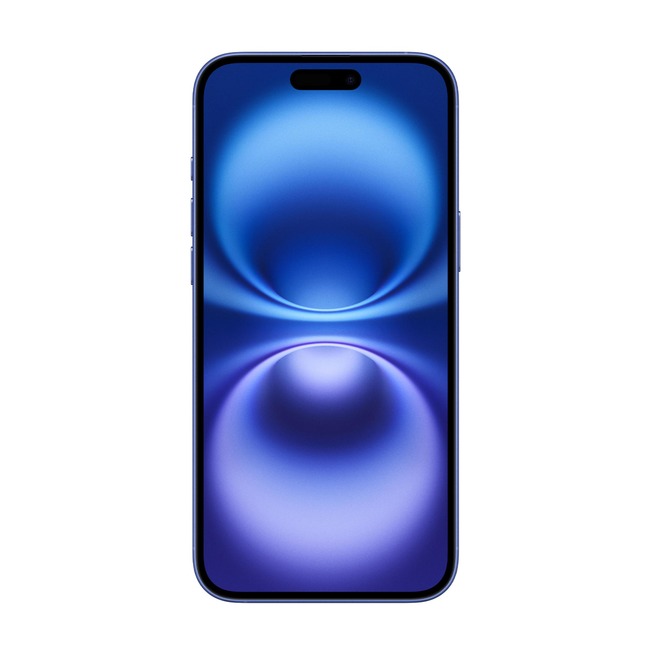 Un smartphone azul con un fondo de pantalla dinámico.