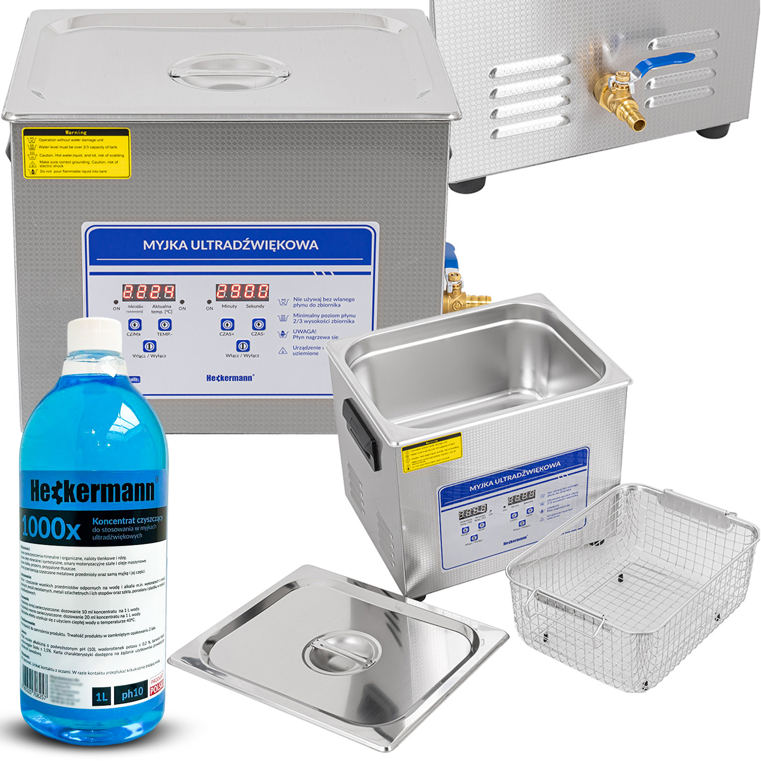 Myjka ultradźwiękowa z akcesoriami: myjka, koszyk, pokrywa i płyn czyszczący.