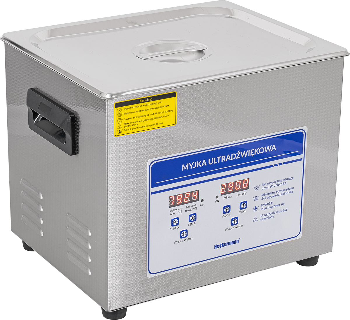 Stalowy czyściwo ultradźwiękowe z cyfrowym wyświetlaczem, kontrolkami i etykietami ostrzegawczymi.