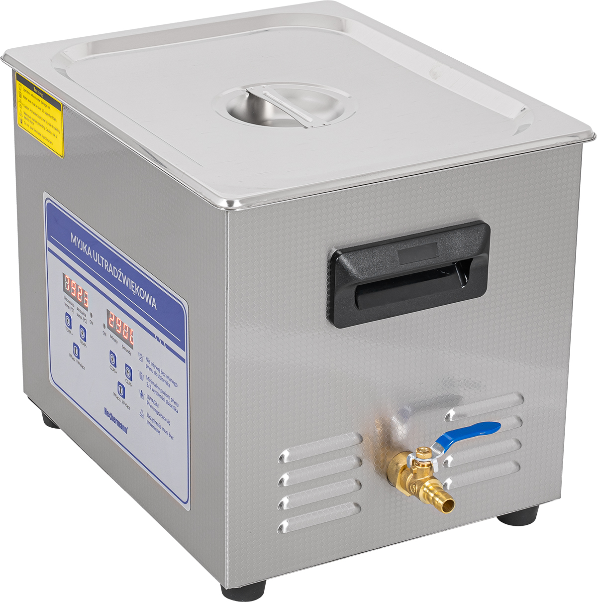 Srebrna myjka ultradźwiękowa z cyfrowym wyświetlaczem i zaworem spustowym.