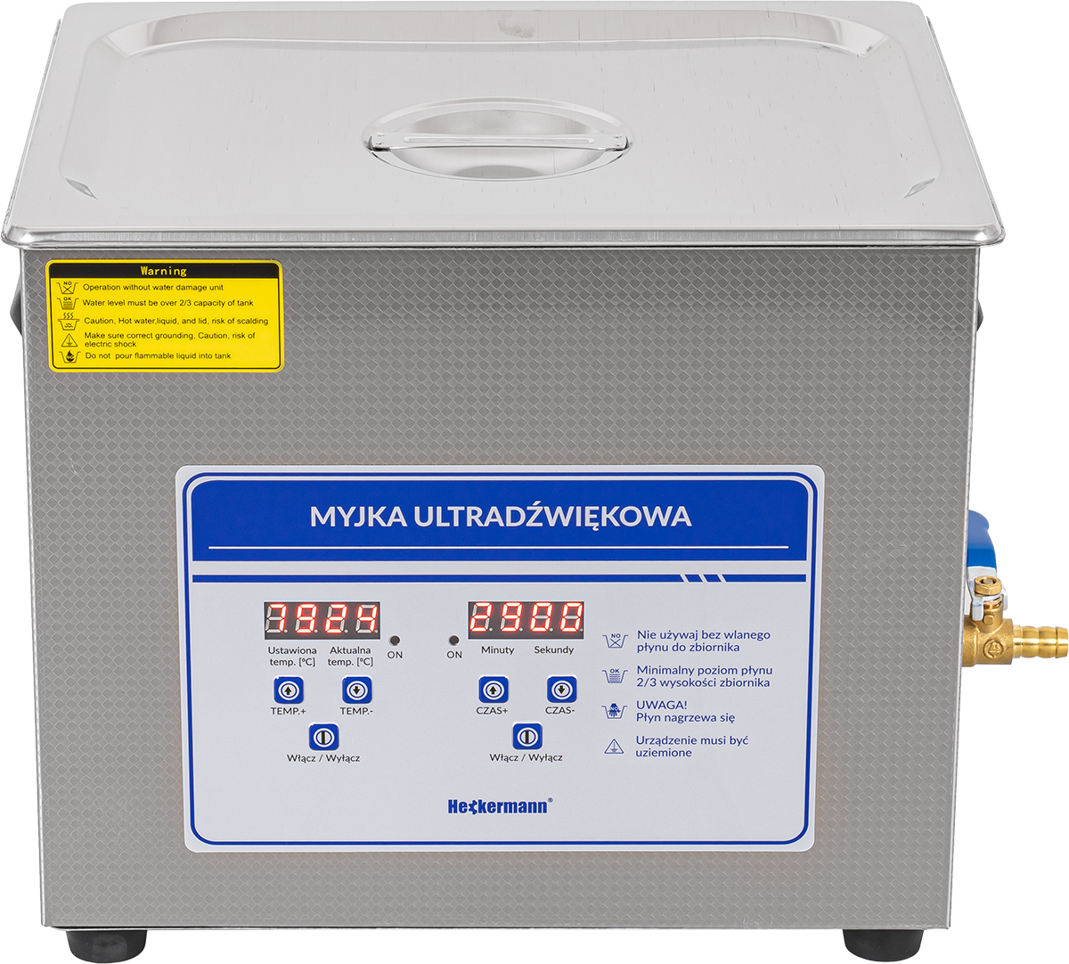 Srebrna myjka ultradźwiękowa z cyfrowym wyświetlaczem i panelem sterowania.