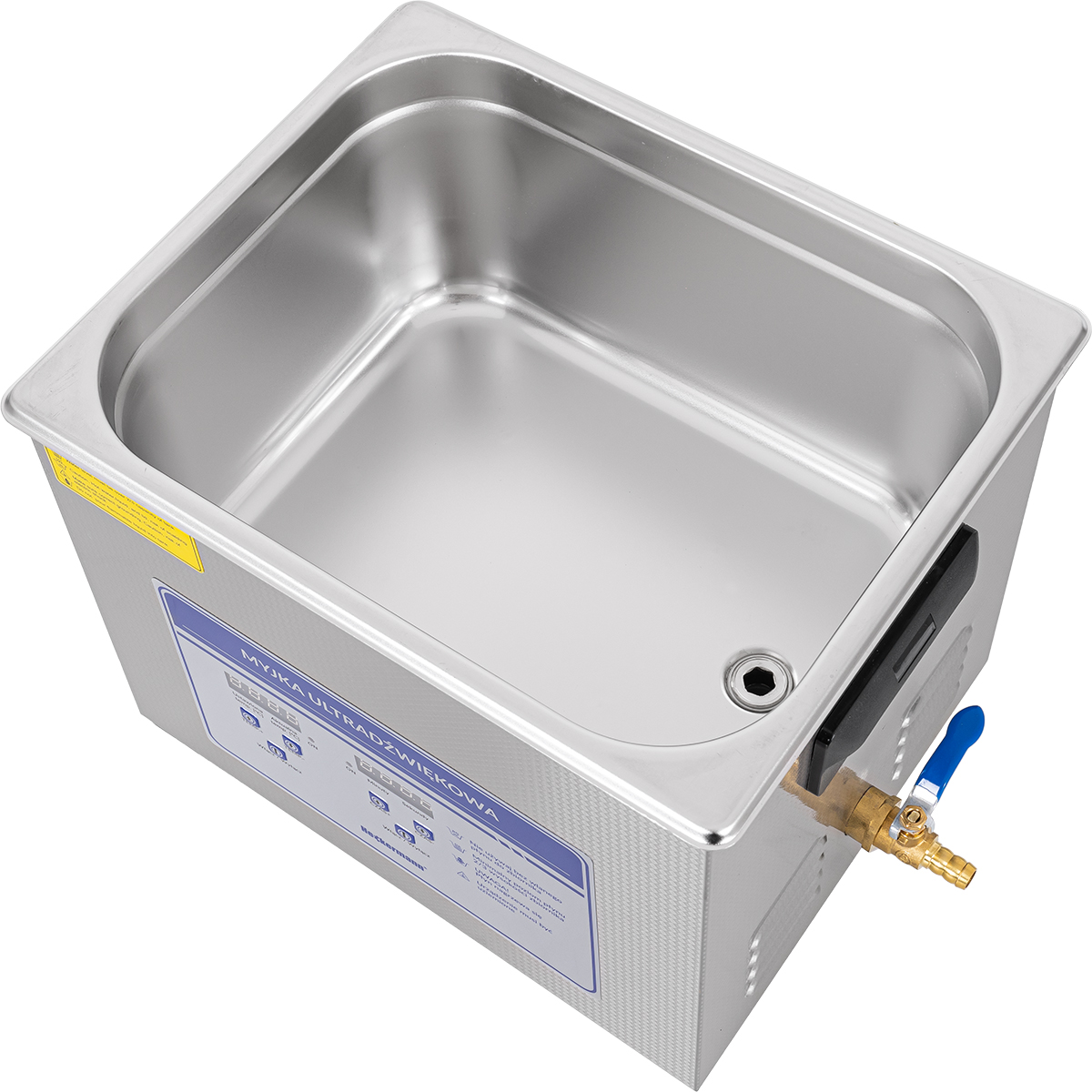 Srebrna myjka ultradźwiękowa z niebieską rączką i kranikiem.