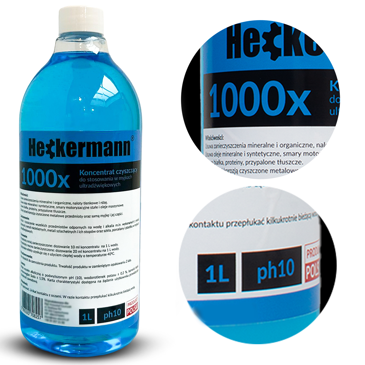 Niebieska butelka płynu Heckermann 1000x, etykieta 1L, ph10, produkt polski.