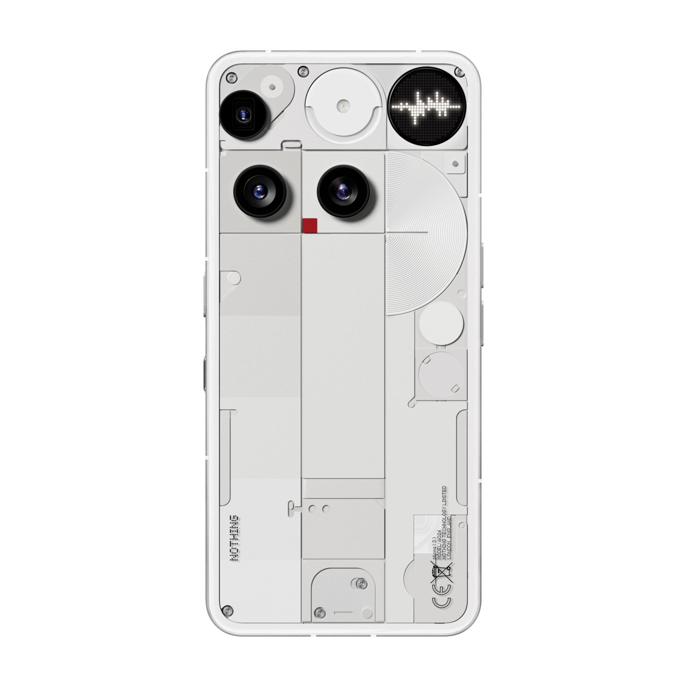 Biały tył smartfona z aparatami i wzorami świetlnymi.