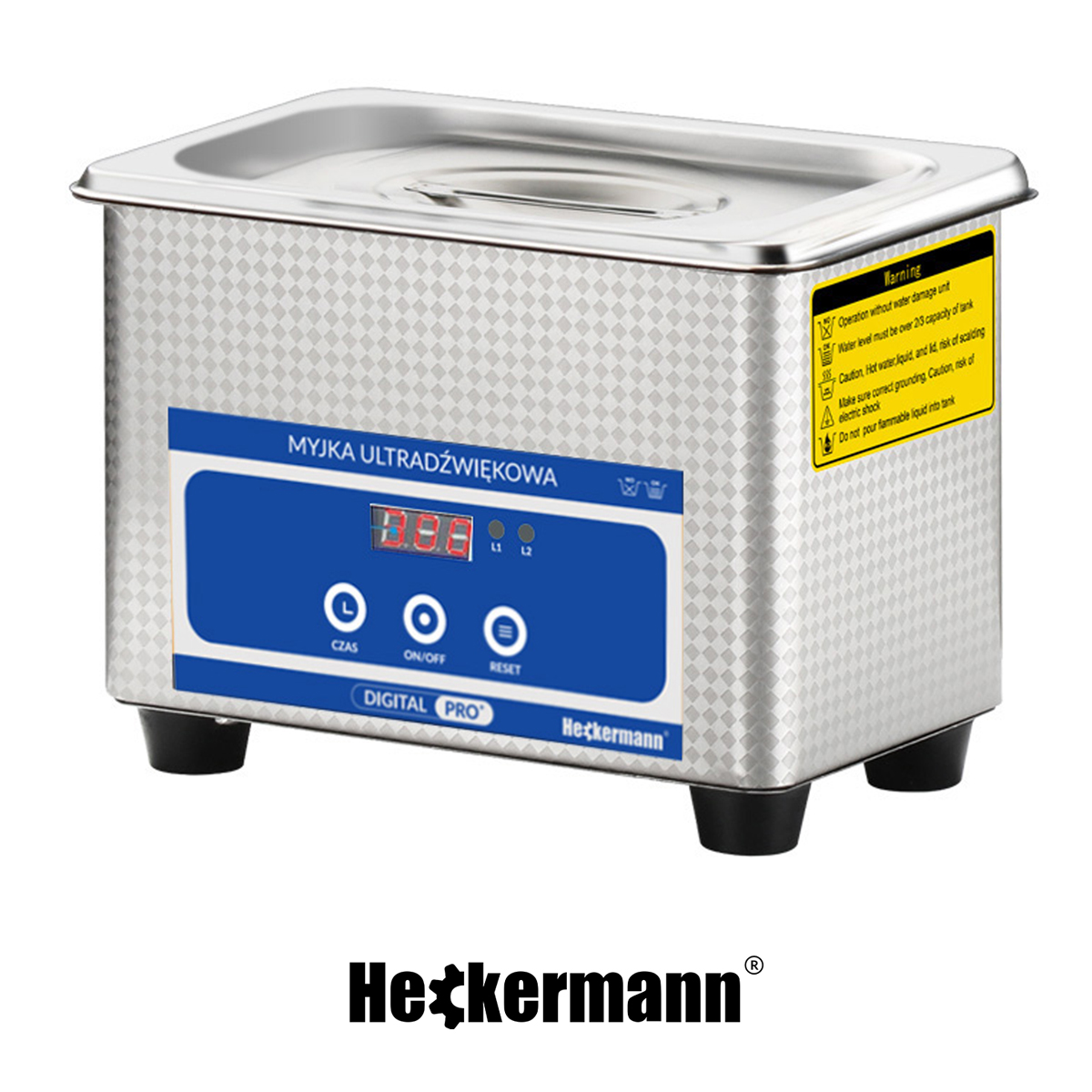 Srebrna myjka ultradźwiękowa z niebieskim panelem sterowania i cyfrowym wyświetlaczem.