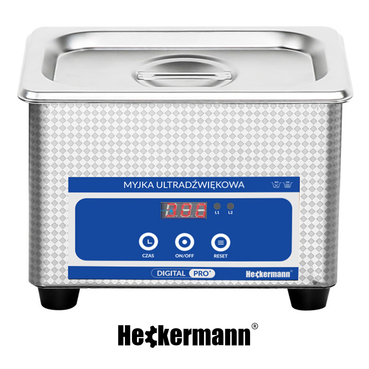 Srebrna myjka ultradźwiękowa z cyfrowym wyświetlaczem i niebieskim panelem.