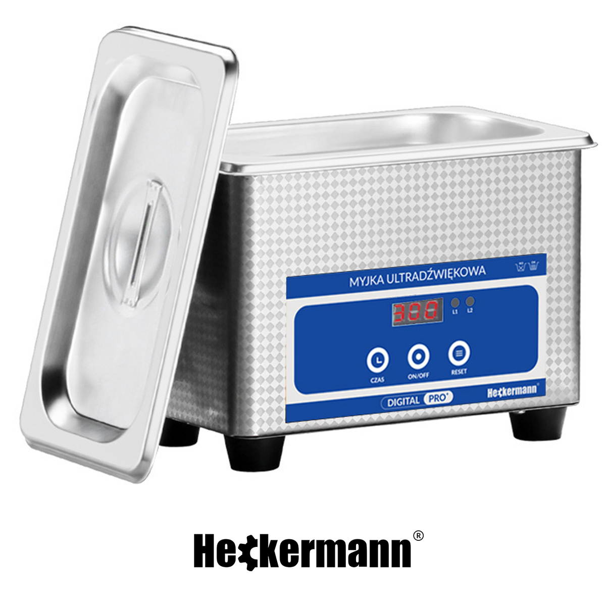 Srebrna myjka ultradźwiękowa z otwartą pokrywą i cyfrowym wyświetlaczem.