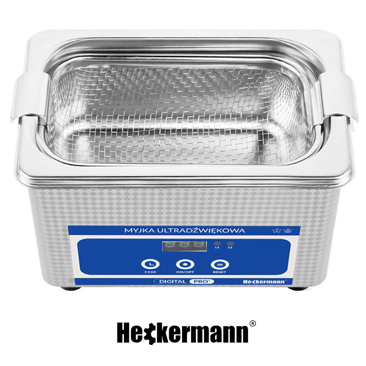 Srebrna myjka ultradźwiękowa z cyfrowym wyświetlaczem i przyciskami.