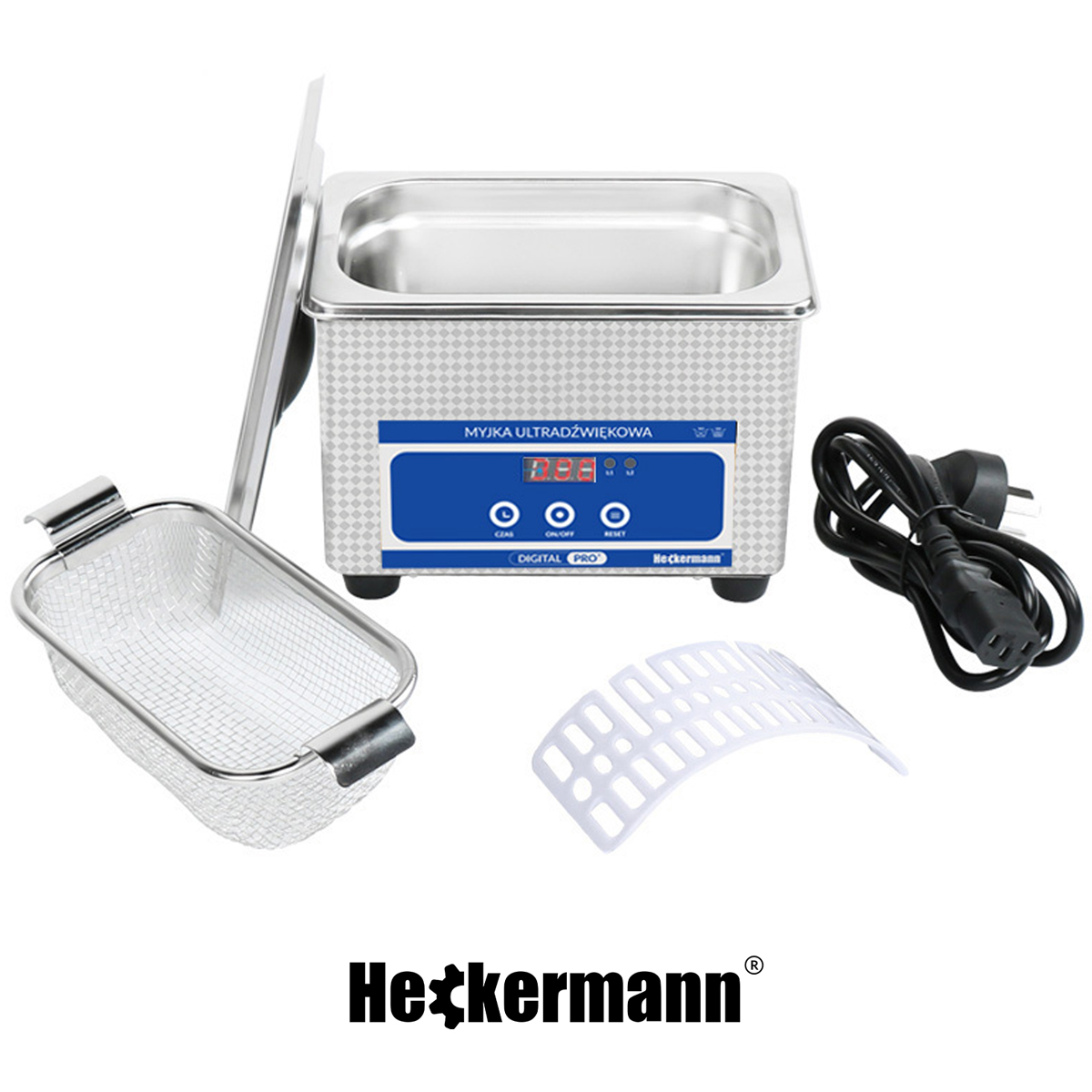 Srebrna myjka ultradźwiękowa z cyfrowym wyświetlaczem, koszem i kablem zasilającym.