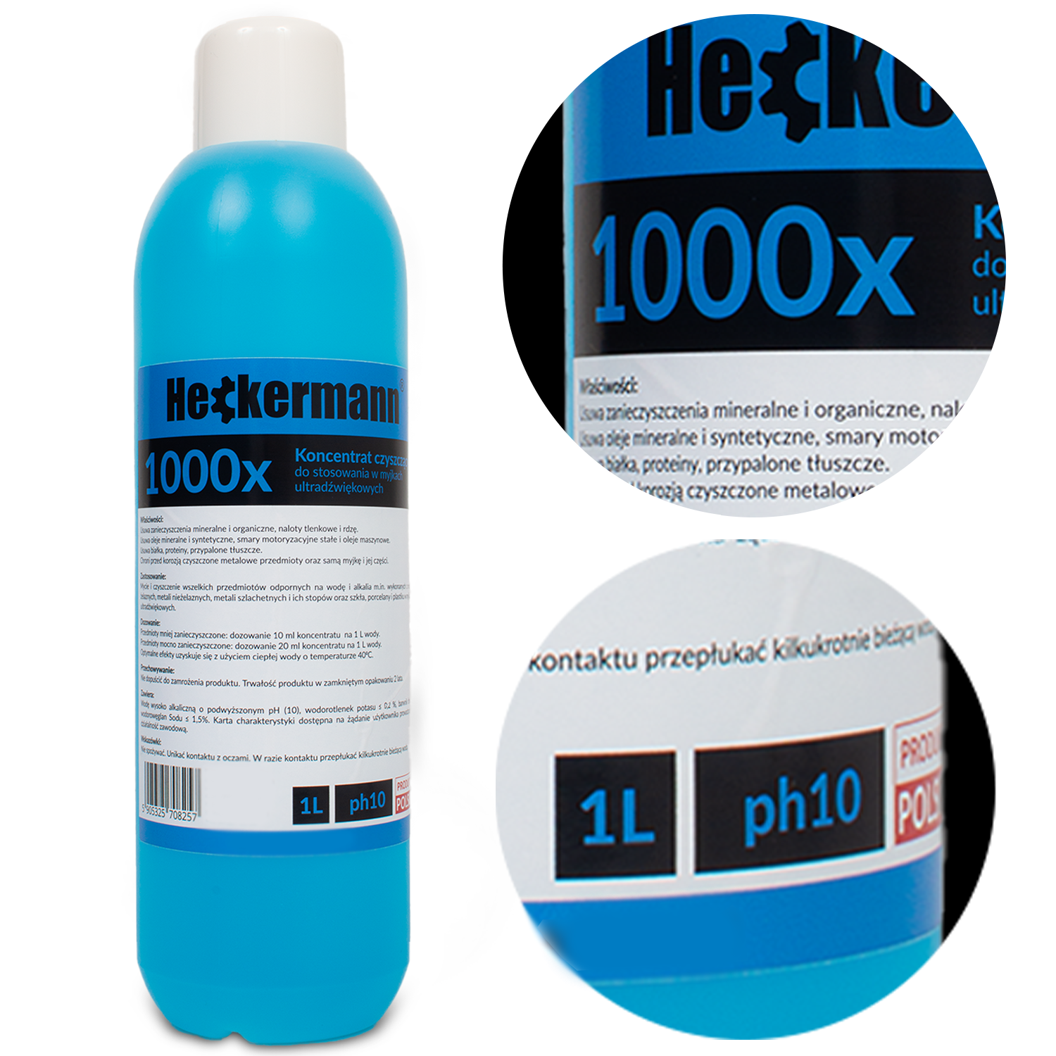 Niebieski płyn Heckermann 1000x w butelce 1L z oznaczeniem pH10.