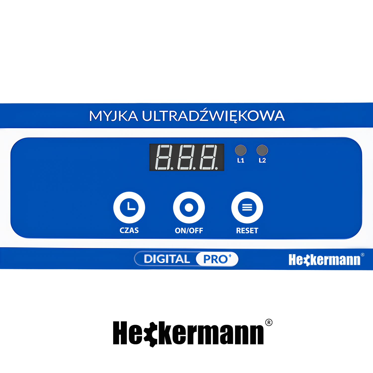 Panel sterowania myjką ultradźwiękową z wyświetlaczem cyfrowym, timerem, włącznikiem i resetem.