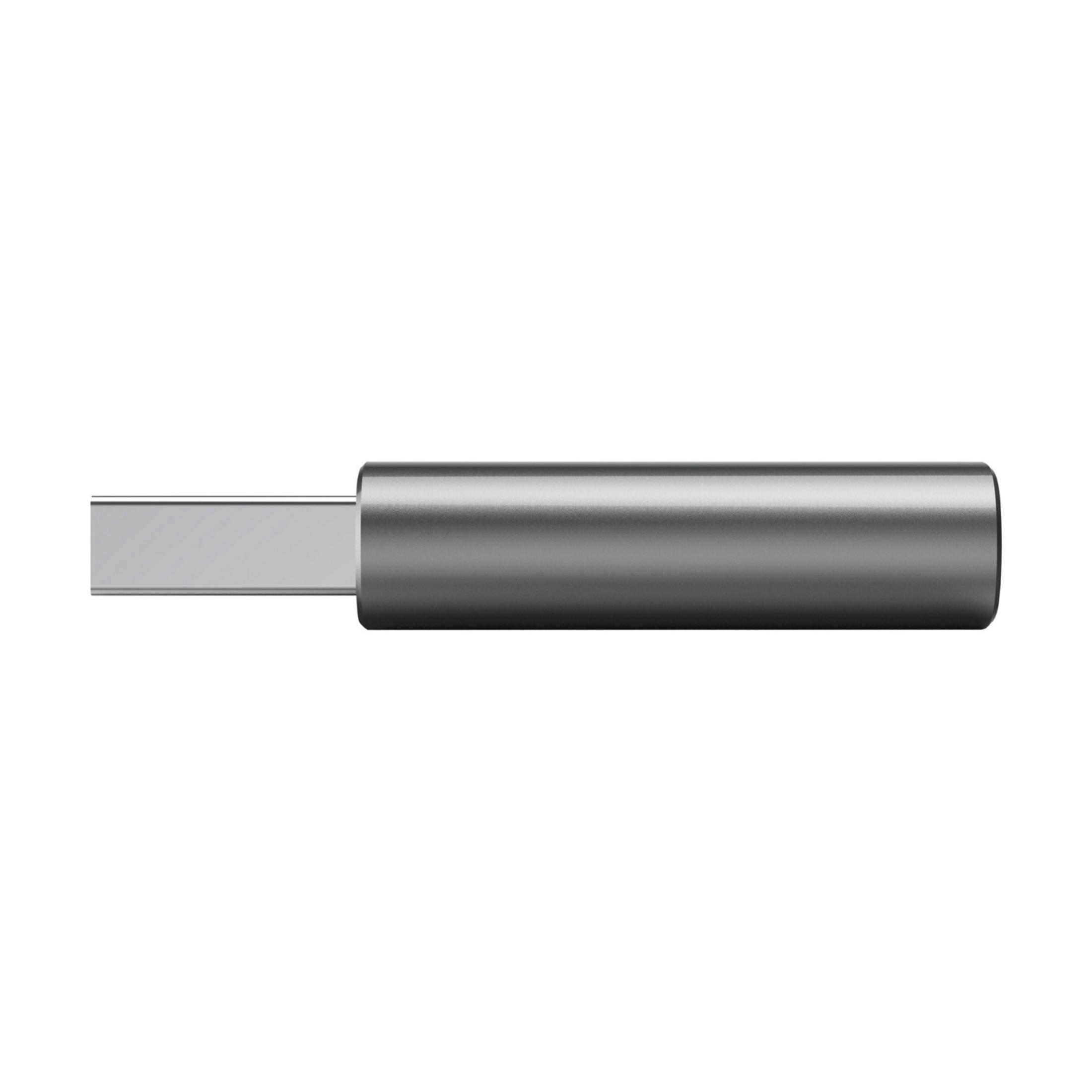 Un connecteur USB-C argenté sur fond blanc.