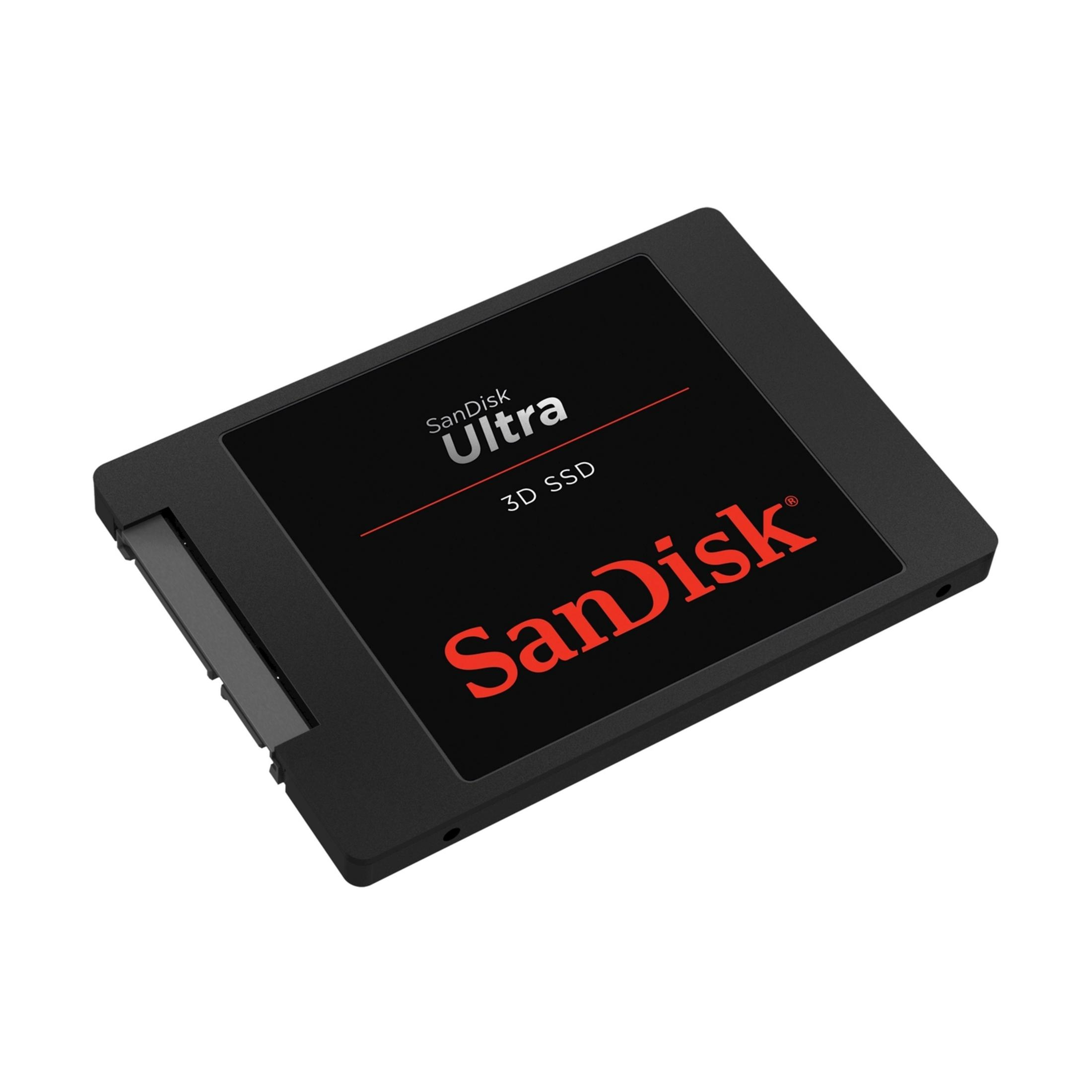 Czarny dysk SSD SanDisk Ultra 3D z czerwonym logo.