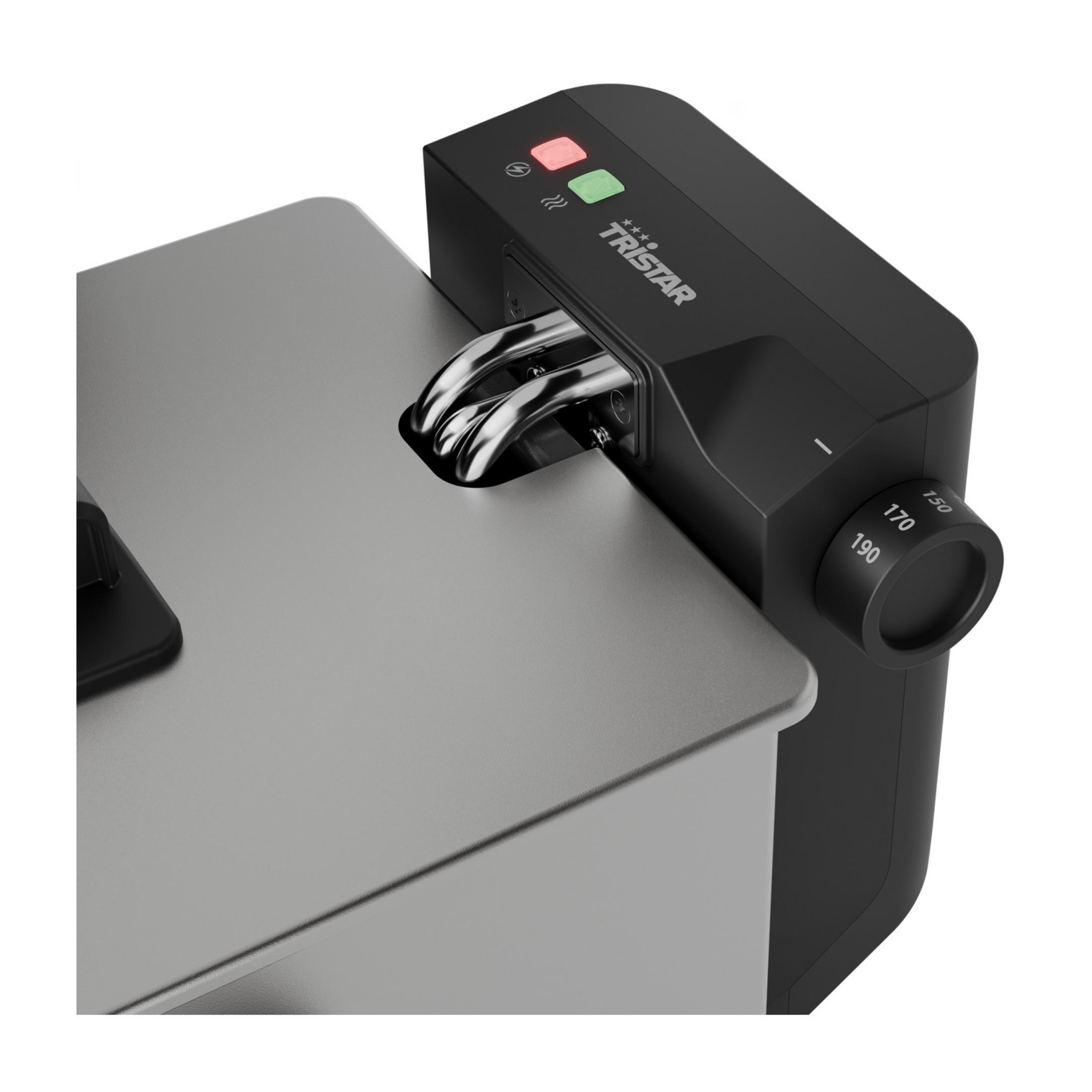 Friteuse in acciaio inox con pannello comandi nero e selettore temperatura 150-190.