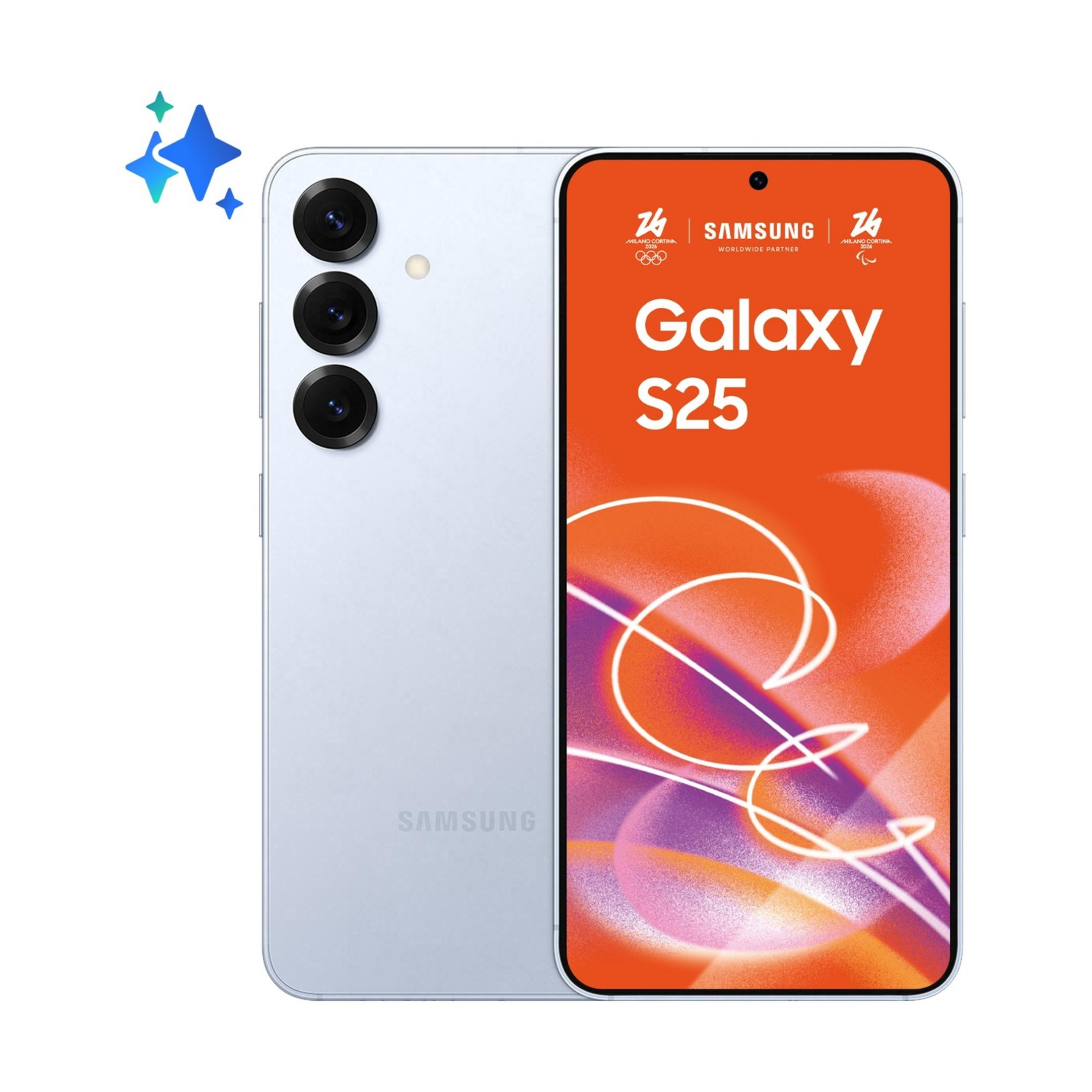 Jasnoniebieski telefon Samsung Galaxy S25 z trzema aparatami z tyłu.