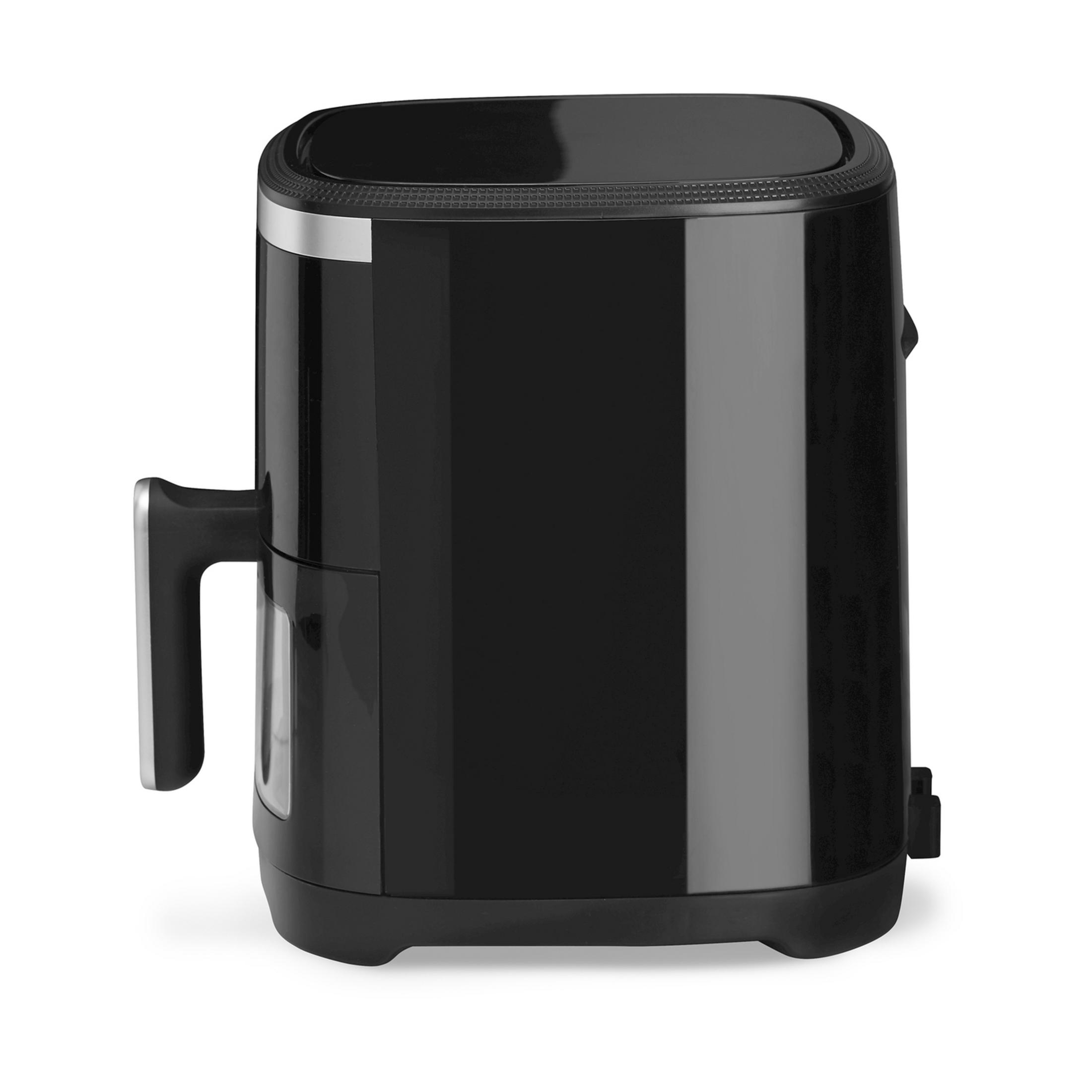 Schwarze Heißluftfritteuse mit silbernem Griff und Akzenten, auf weißem Hintergrund.