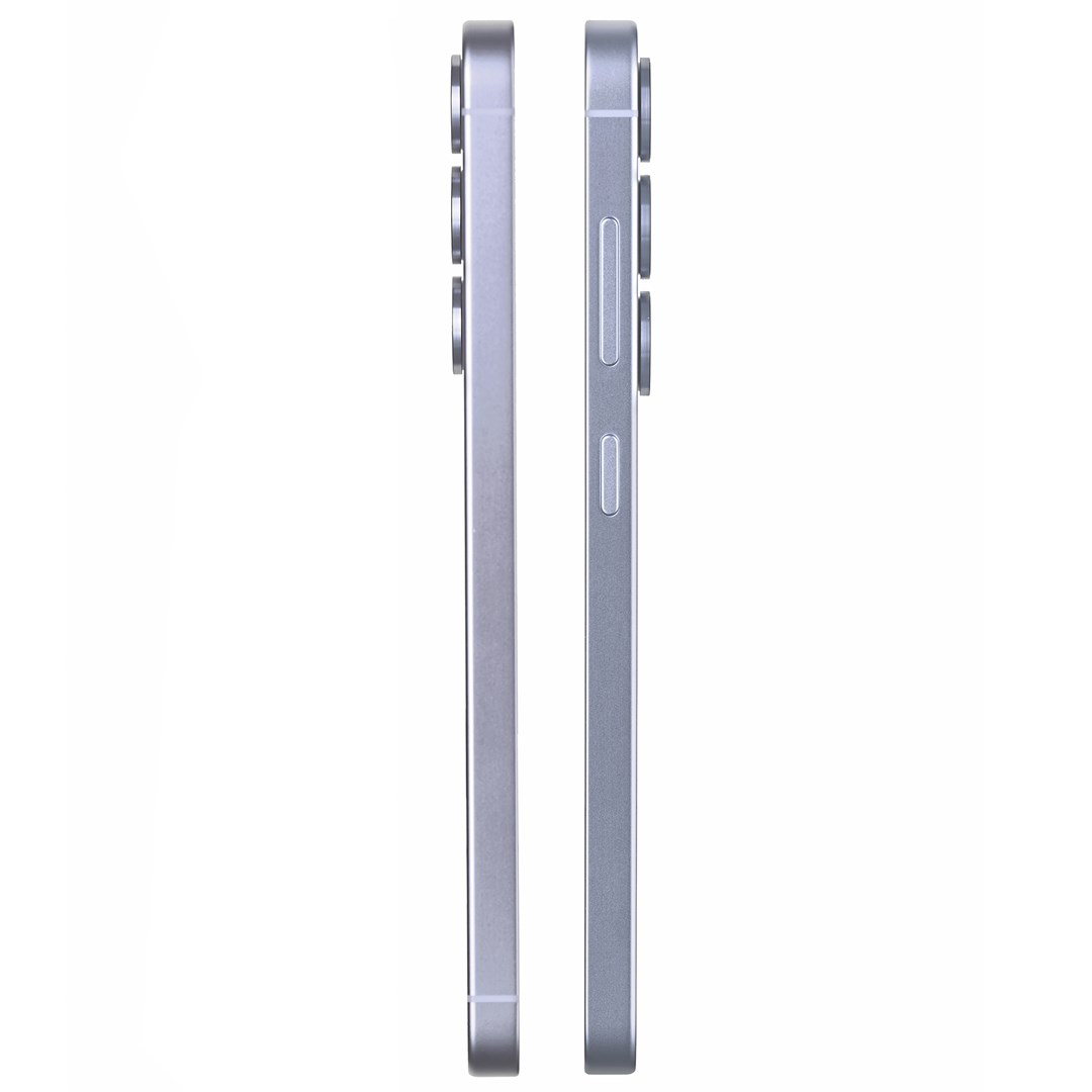 Dwa srebrne smartfony obok siebie, widok z profilu z aparatami i przyciskami.