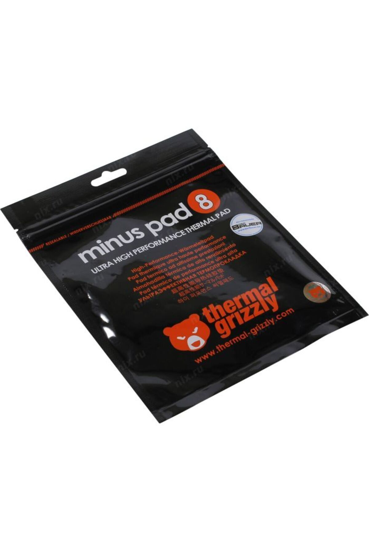Thermal Grizzly ayı logosu ve "minus pad 8" yazılı siyah paket.