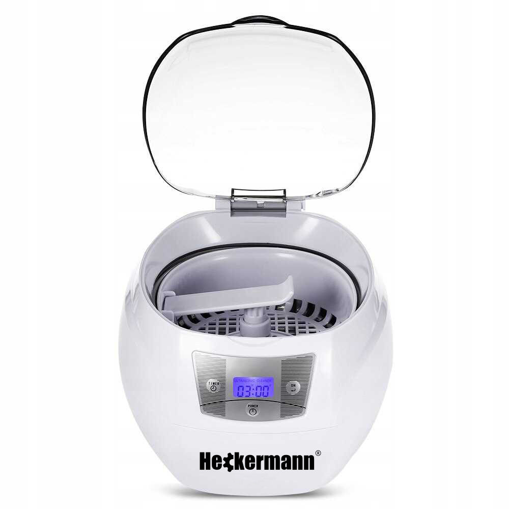 Biała myjka ultradźwiękowa z otwartą pokrywą, wyświetla 03:00.