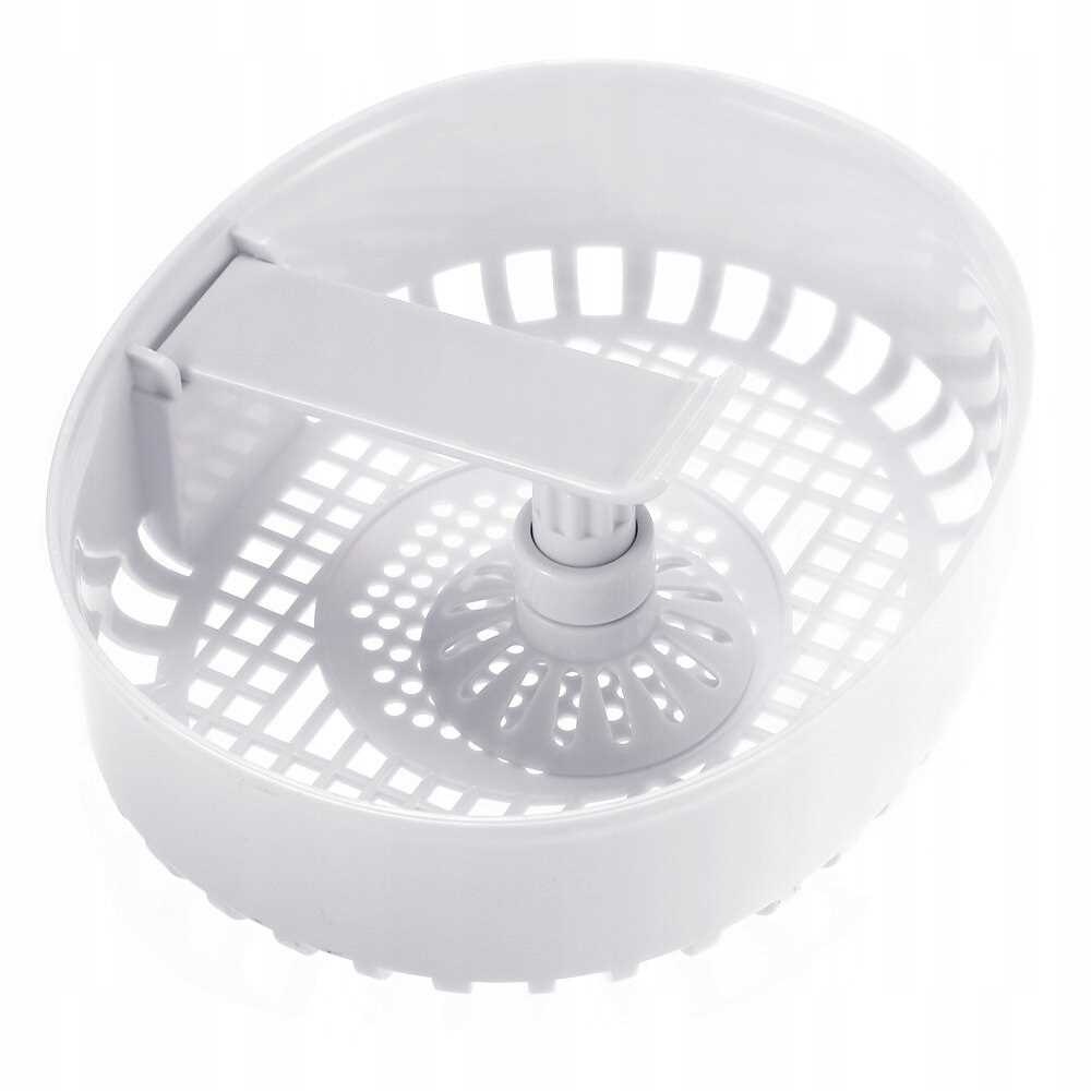 Biały, owalny plastikowy kosz z kratownicowym dnem i centralnym prętem.