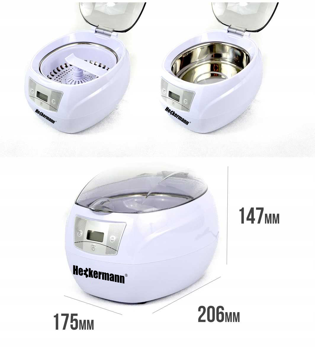 Biała myjka ultradźwiękowa z cyfrowym wyświetlaczem i pokrywą.