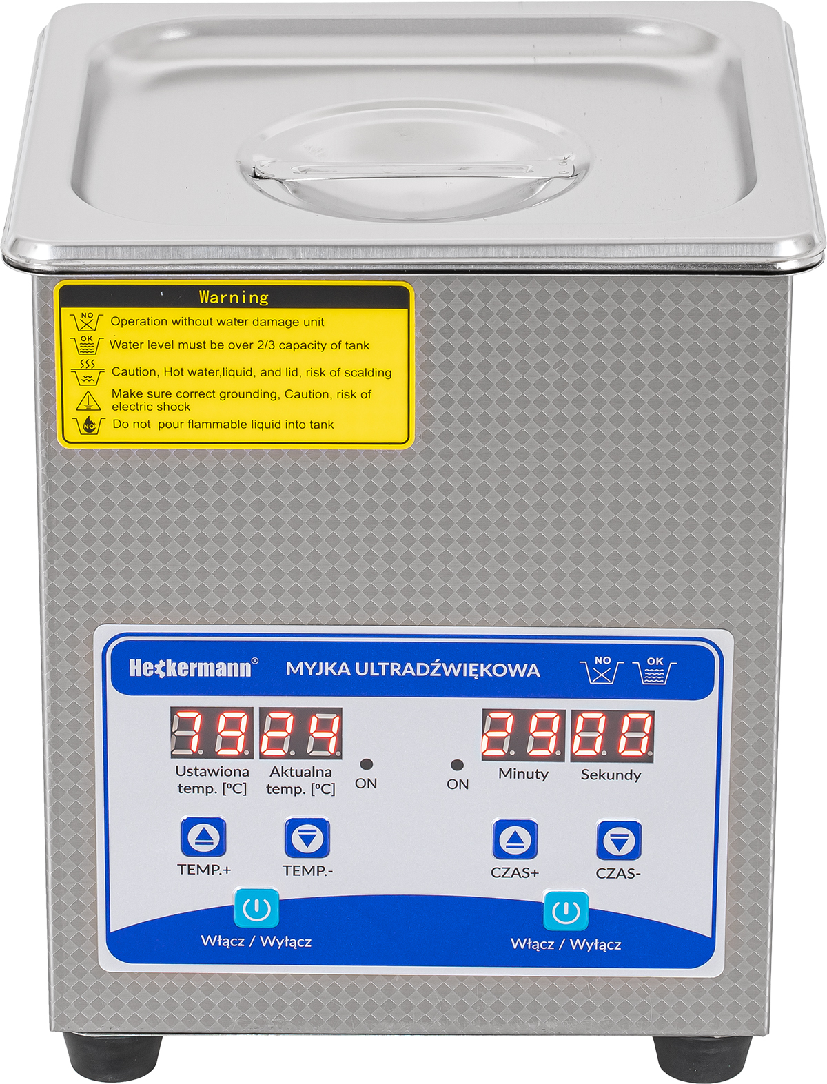 Myjka ultradźwiękowa z cyfrowym wyświetlaczem, ostrzeżeniami i przyciskami.