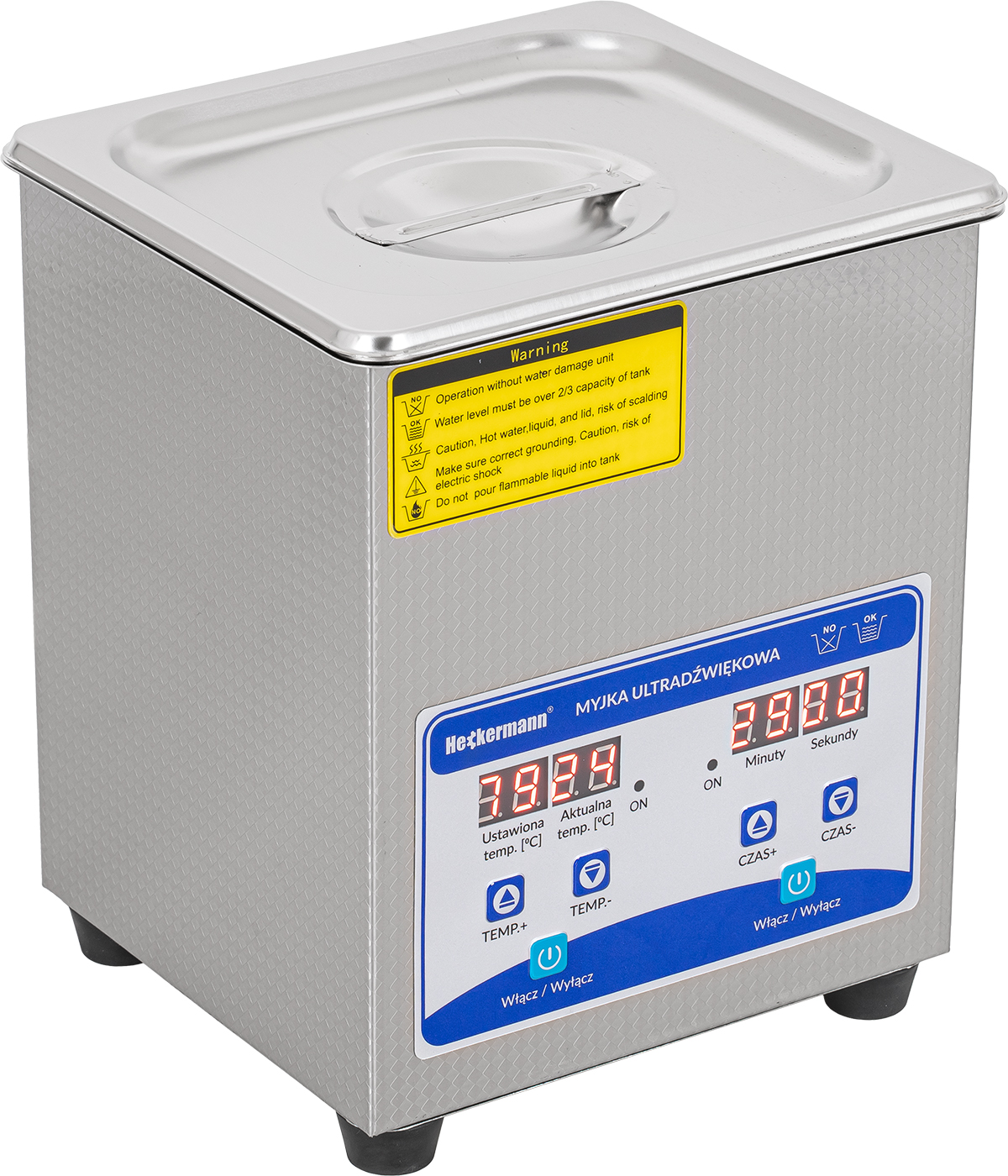 Srebrna myjka ultradźwiękowa z cyfrowym wyświetlaczem i etykietami ostrzegawczymi.