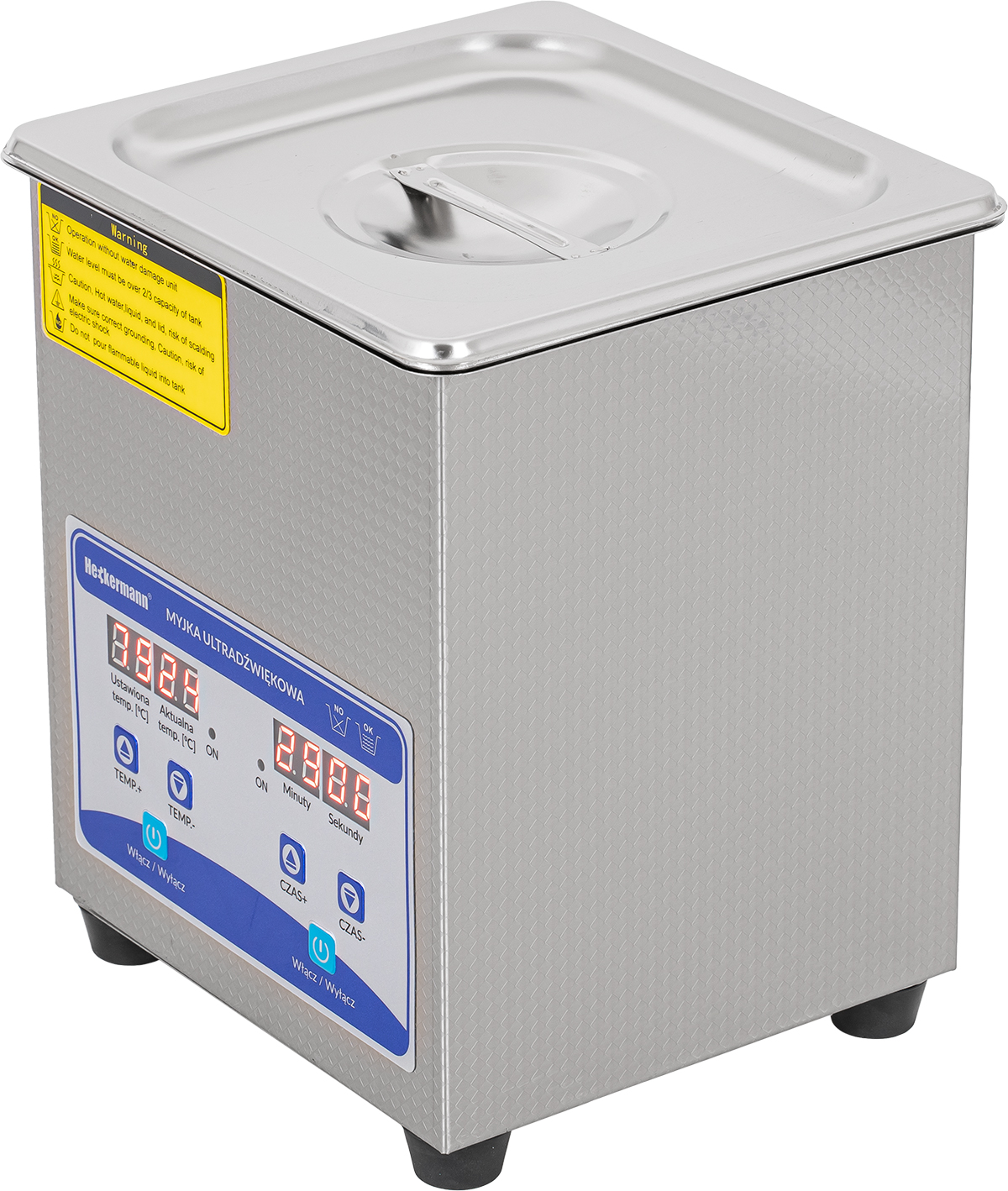 Srebrna myjka ultradźwiękowa z cyfrowym wyświetlaczem i panelem sterowania.