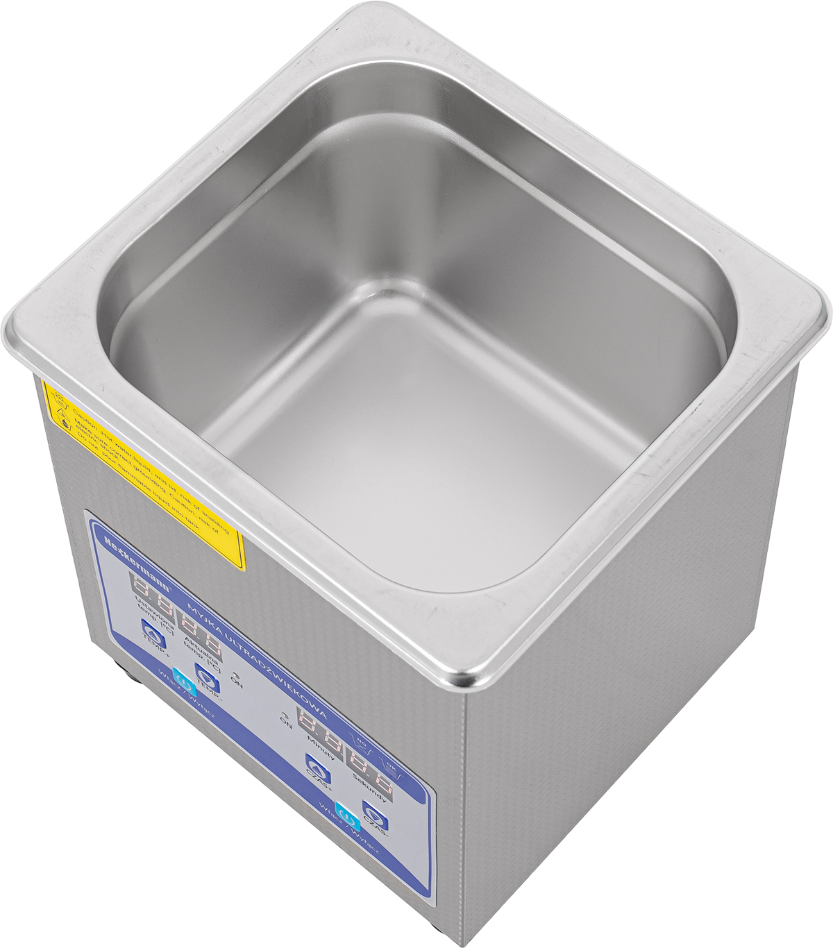 Srebrna myjka ultradźwiękowa z cyfrowym wyświetlaczem i przyciskami.