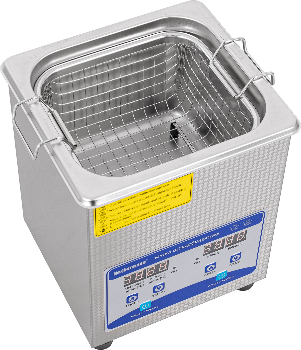 Stalowy czyścik ultradźwiękowy z cyfrowym wyświetlaczem i koszykiem.