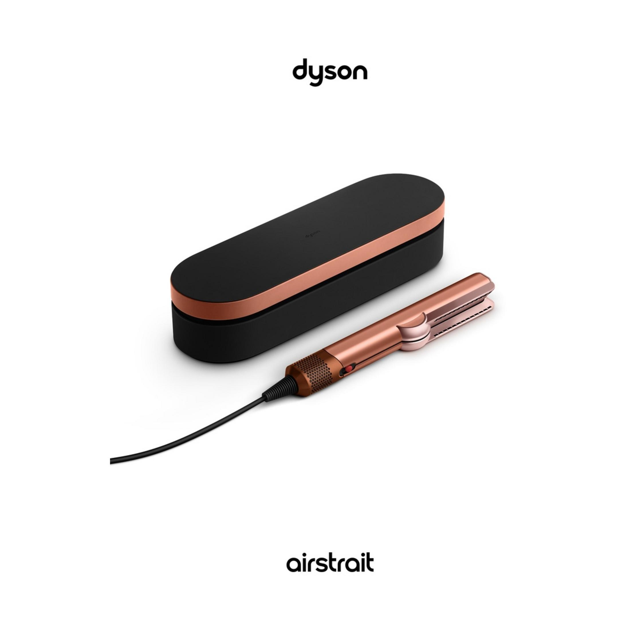 Ein roségoldener Dyson Airstrait Haarglätter mit schwarzem Koffer.