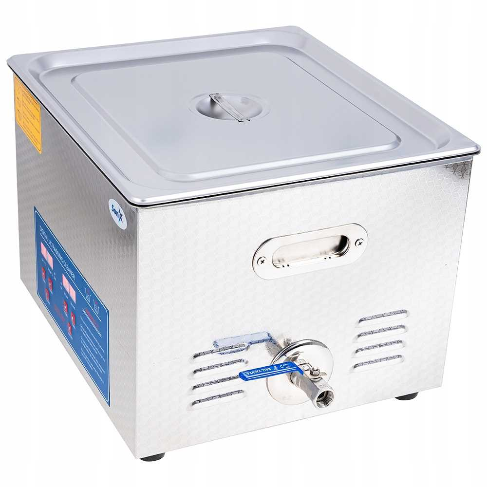 Srebrna myjka ultradźwiękowa z niebieskim uchwytem i srebrnym kranikiem.