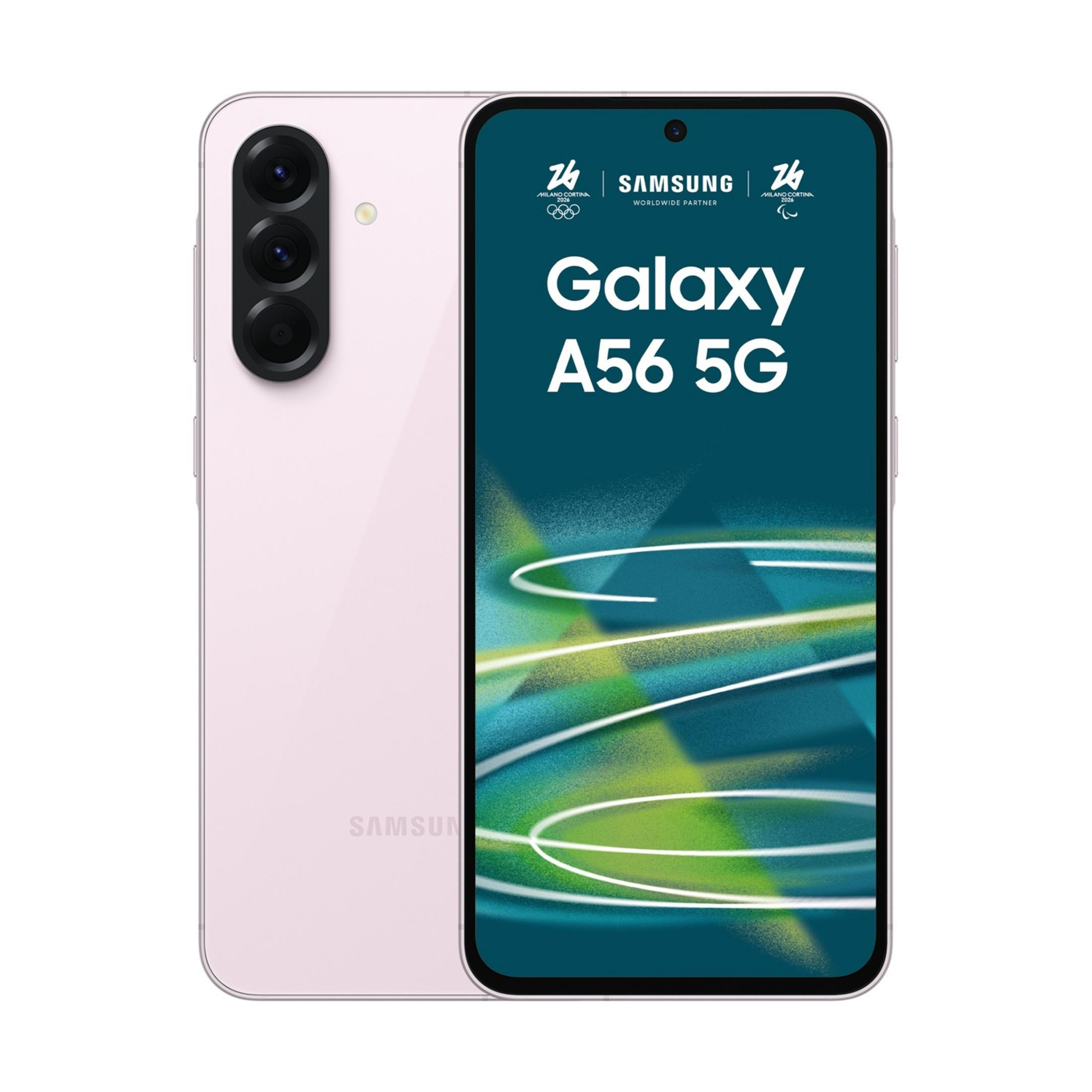Jasnoróżowy telefon Samsung Galaxy A56 5G z logotypami Milano Cortina 2026 na ekranie.