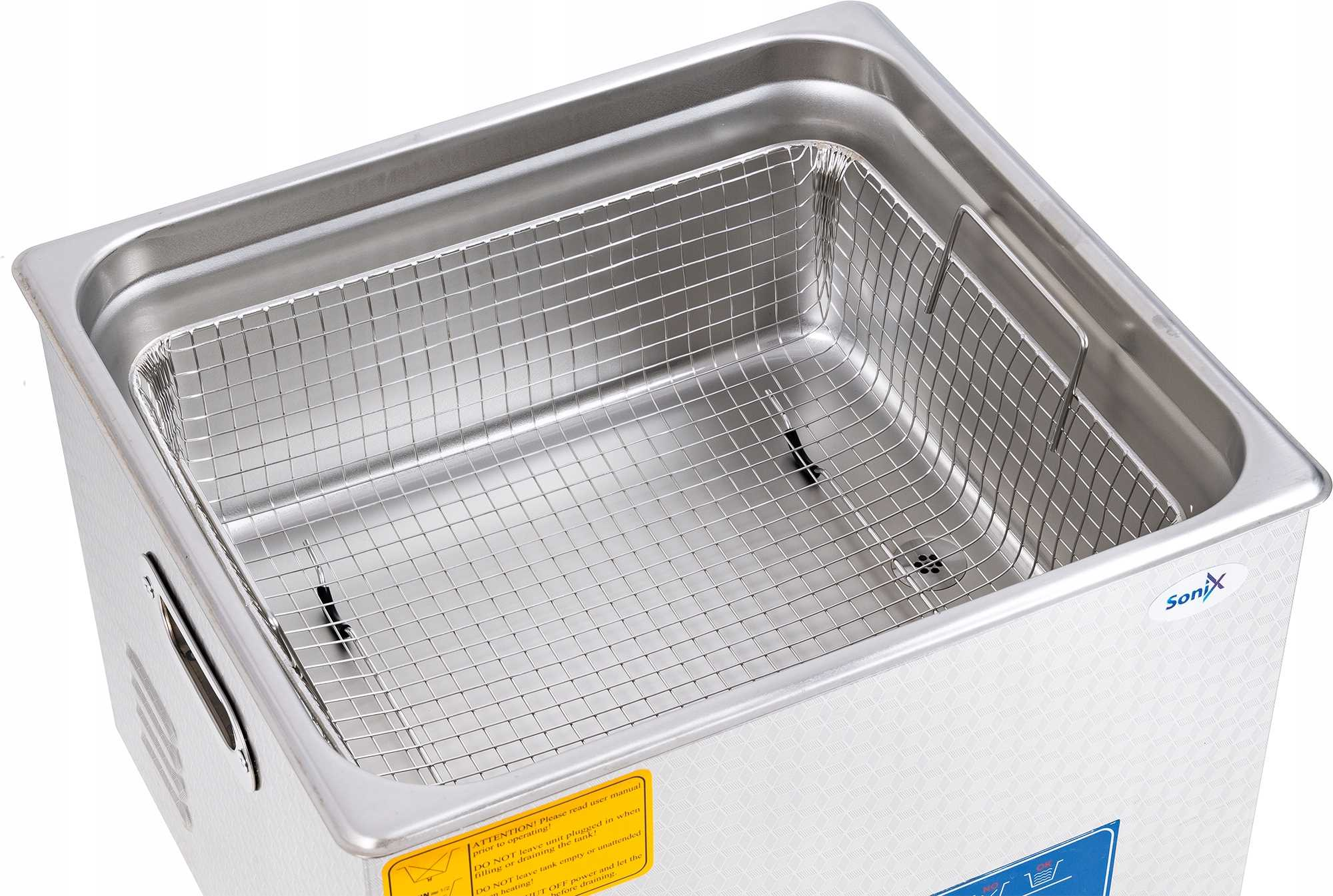 Srebrna myjka ultradźwiękowa z metalowym koszem.