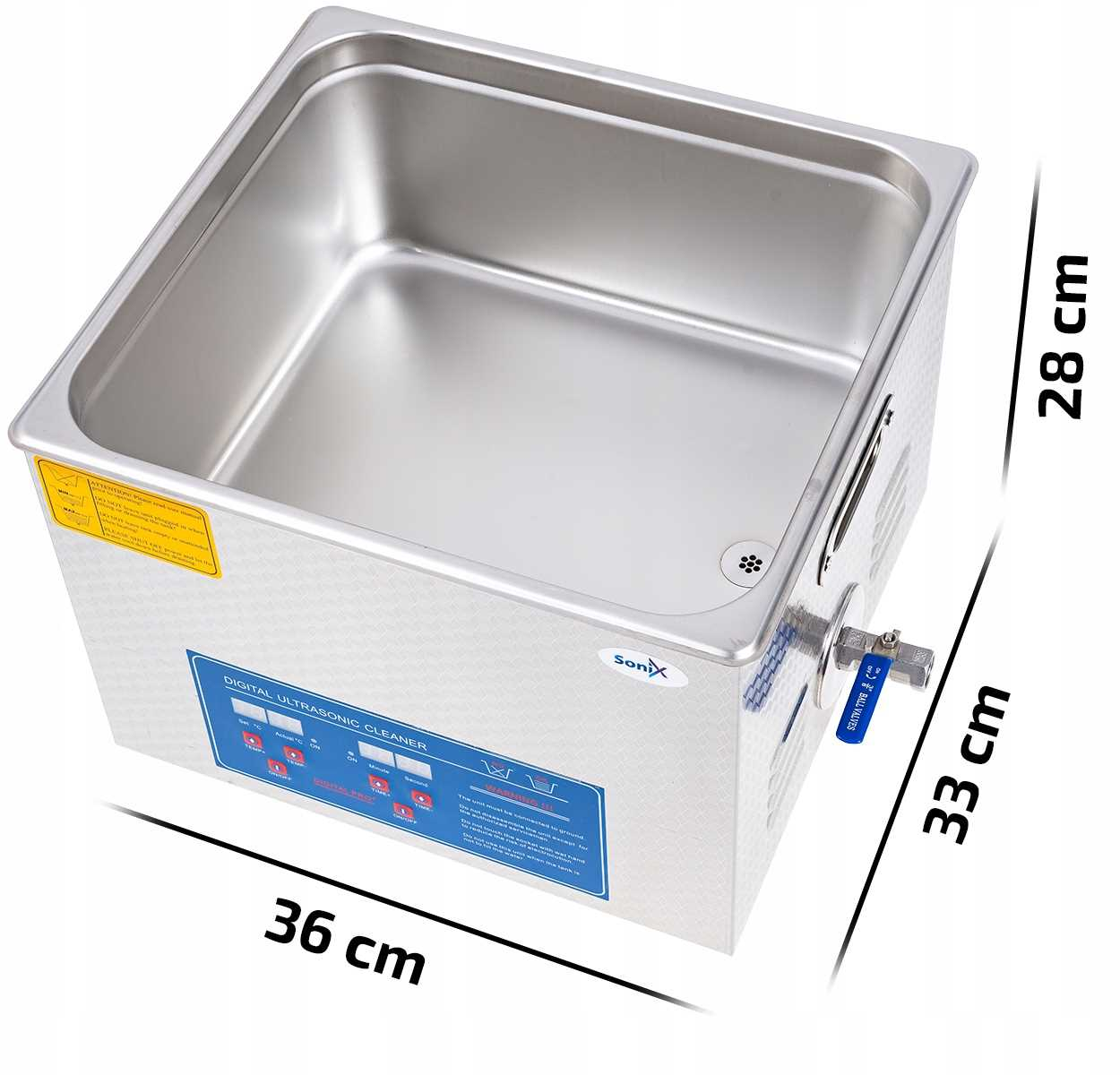 Srebrna myjka ultradźwiękowa z cyfrowym sterowaniem i zaworem spustowym. Wymiary: 36x28x33cm.