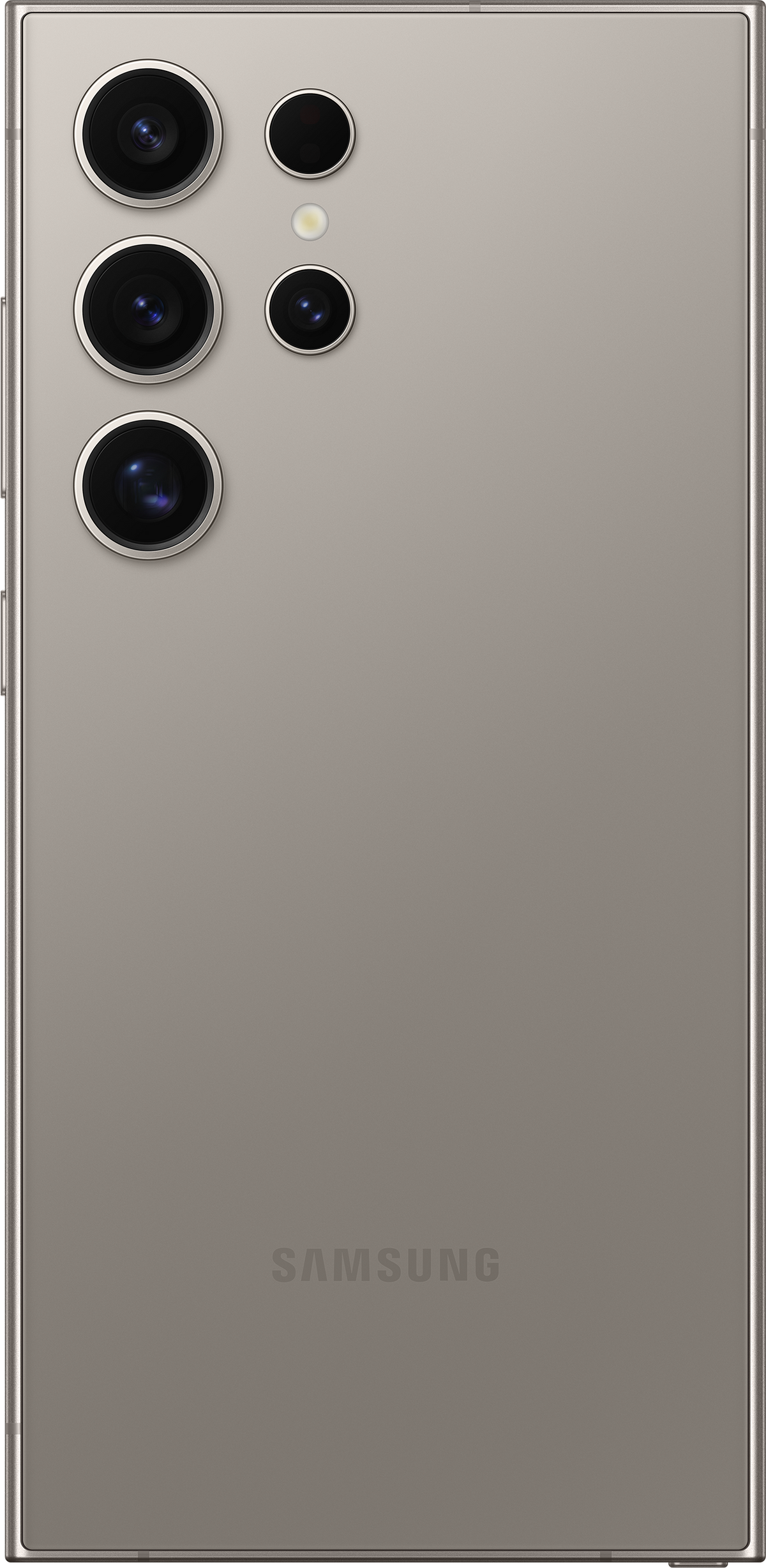 Tył srebrnego smartfona Samsung z czterema aparatami i lampą błyskową.