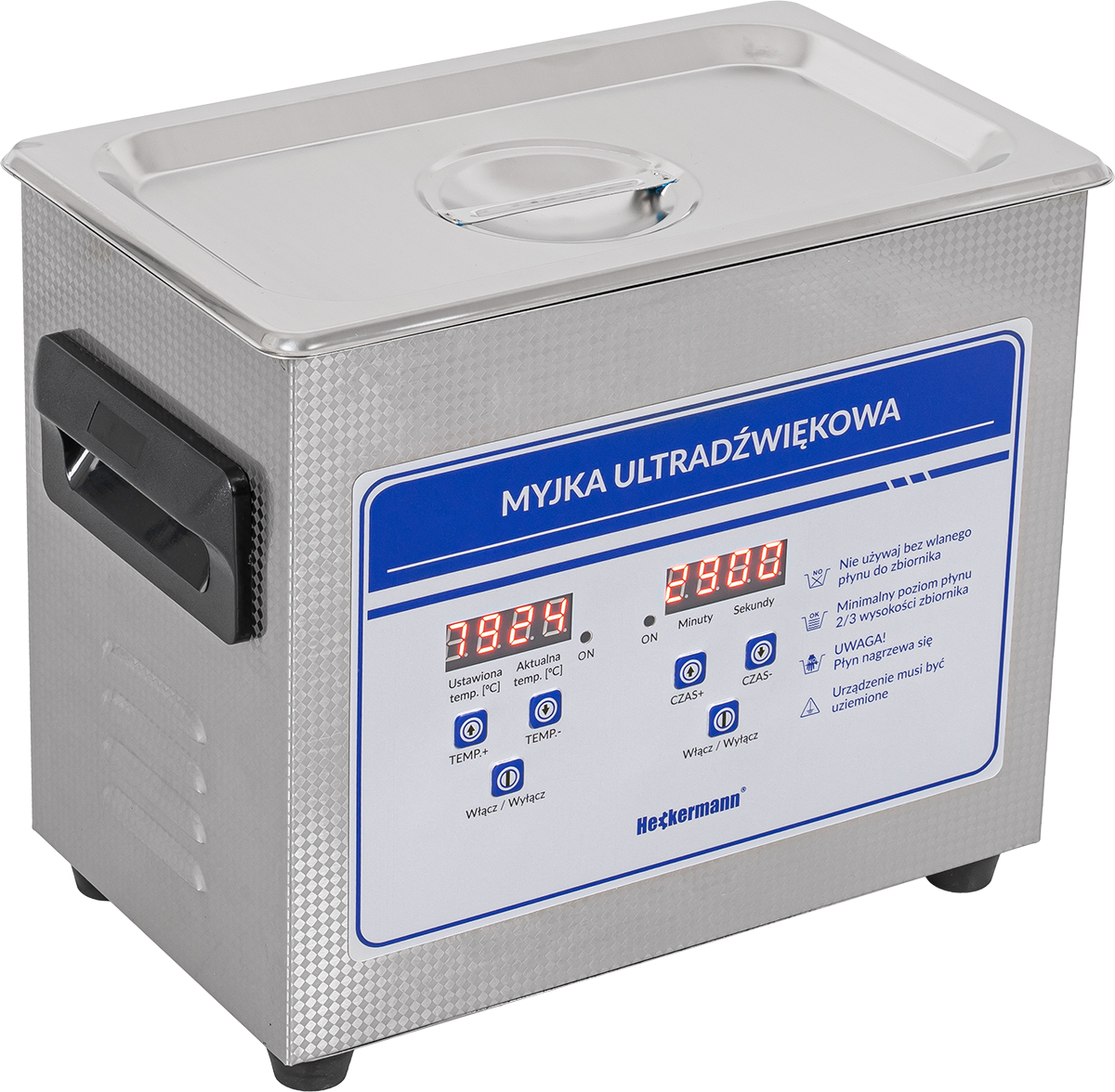 Srebrna myjka ultradźwiękowa z cyfrowym wyświetlaczem i przyciskami.